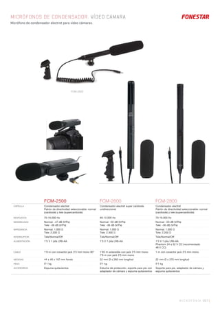 FCM-2800
MICROFONÍA 267 |
MICRÓFONOS DE CONDENSADOR. VÍDEO CÁMARA
Micrófono de condensador electret para video cámaras.
FCM-2500 FCM-2600 FCM-2800
CÁPSULA Condensador electret
Patrón de directividad seleccionable: normal
(cardioide) y tele (supercardioide)
Condensador electret super cardioide
unidireccional
Condensador electret
Patrón de directividad seleccionable: normal
(cardioide) y tele (supercardioide)
RESPUESTA 70-16.000 Hz 80-12.000 Hz 70-16.000 Hz
SENSIBILIDAD Normal: -47 dB (V/Pa)
Tele: -36 dB (V/Pa)
Normal: -50 dB (V/Pa)
Tele: -36 dB (V/Pa)
Normal: -50 dB (V/Pa)
Tele: -36 dB (V/Pa)
IMPEDANCIA Normal: 1.000 Ω
Tele: 2.200 Ω
Normal: 1.000 Ω
Tele: 2.300 Ω
Normal: 1.000 Ω
Tele: 2.200 Ω
INTERRUPTOR Tele/Normal/Off Tele/Normal/Off Tele/Normal/Off
ALIMENTACIÓN 1’5 V 1 pila LR6-AA 1’5 V 1 pila LR6-AA 1’5 V 1 pila LR6-AA
Phantom 24 a 52 V CC (recomendado
48 V CC)
CABLE 1’8 m con conector jack 3’5 mm mono 90° 1’65 m extensible con jack 3’5 mm mono
7’6 m con jack 3’5 mm mono
1 m con conector jack 3’5 mm mono
MEDIDAS 44 x 49 x 167 mm fondo 22 mm Ø x 280 mm longitud 22 mm Ø x 270 mm longitud
PESO 0’1 kg 0’1 kg 0’1 kg
ACCESORIOS Espuma quitavientos Estuche de protección, soporte para pie con
adaptador de cámara y espuma quitavientos
Soporte para pie, adaptador de cámara y
espuma quitavientos
 