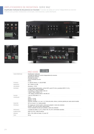 | 28
AMPLIFICADORES DE MEGAFONÍA. SERIE MAZ
Amplificador multicanal de alta potencia con mezclador, 4 canales de salida con control independiente de volumen.
Indicado para grandes instalaciones comerciales, sonorizaciones y audio distribuido.
MAZ-4250E
CARACTERÍSTICAS Ampliﬁcador multicanal.
4 canales de salida con control independiente de volumen.
Alimentación phantom.
Prioridad de avisos.
Tonos musicales de aviso.
Sirena.
POTENCIA 4 x 300 W máximo, 4 x 250 W RMS
RESPUESTA 50-17.000 Hz ±3 dB
DISTORSIÓN Armónica: < 0’5%
ENTRADAS 4 micros/líneas balanceados, combo (XLR y jack 6’3 mm) y euroblock 600 Ω 2 mV y
47.000 Ω 250 mV, conmutables
2 auxiliares, 2 x RCA 47.000 Ω 250 mV
1 amp in, RCA 10.000 Ω 1 V
1 tel. paging, euroblock 600 Ω 100-300 mV
SALIDAS 1 pre out, RCA 600 Ω 1 V
CONTROLES Tono:
Graves: ±10 dB
Agudos: ±10 dB
Volumen: entradas 1 a 4, aux 1 y 2, tonos de aviso, sirena y volumen general por cada canal de salida
PHANTOM 48 V en micros 1 a 4, seleccionable
PRIORIDAD Tel. paging por nivel de señal y sirena por pulsador o cierre de contactos
Entrada 1 por nivel de señal, seleccionable
Tonos musicales de aviso por pulsador y cierre de contactos
IMPEDANCIA 4 canales de salida: 4 y 8 Ω y líneas 100, 70 y 25 V, terminales roscados
ALIMENTACIÓN 230/115 V CA, 1.500 W máximo
MEDIDAS 480 x 133 x 480 mm fondo. 3 U rack 19”
PESO 26 kg
4 x 300 W max.
4 x 250 W RMS
 