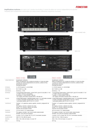 MAZ-4160/MAZ-4480
MAZ-4480
MAZ-4160
MEGAFONÍA 29 |
Amplificadores multizona con matriz de 5 canales de entrada a 4 zonas de salida con control independiente de volumen.
Indicados para instalaciones comerciales con varias zonas y diferentes programas musicales.
MAZ-4160 MAZ-4480
CARACTERÍSTICAS Ampliﬁcador multizona.
Matriz de asignación de 5 canales de entrada a 4 zonas de salida.
4 zonas con control independiente de volumen y salida de línea.
Alimentación phantom.
Prioridad de avisos.
Ampliﬁcador multizona.
Matriz de asignación de 5 canales de entrada a 4 zonas de salida.
4 zonas con control independiente de volumen y salida de línea.
Alimentación phantom.
Prioridad de avisos.
POTENCIA 4 x 45 W máximo, 4 x 40 W RMS 4 x 135 W máximo, 4 x 120 W RMS
RESPUESTA 50-17.000 Hz ±3 dB 60-17.000 Hz ±3 dB
DISTORSIÓN Armónica: < 0’5% Armónica: < 1%
ENTRADAS 3 micros/líneas balanceados, combo (XLR y jack 6’3 mm) 600 Ω 7 mV
y 15.000 Ω 100 mV, conmutables
2 auxiliares, 2 x RCA 50.000 Ω 300 mV
1 tel. paging, terminales roscados 600 Ω 100-300 mV
4 micros/líneas balanceados, combo (XLR y jack 6’3 mm) 600 Ω 7 mV
y 15.000 Ω 100 mV, conmutables
1 auxiliar, 2 x RCA 50.000 Ω 300 mV
1 tel. paging, terminales roscados 600 Ω 100-300 mV
SALIDAS 4 líneas balanceadas o desbalanceadas zonas 1 a 4, terminales roscados
1 monitor, terminales roscados 600 Ω 775 mV y 1 W 8 Ω
1 auriculares estéreo, jack 3’5 mm 47 Ω 0’5 W
4 líneas balanceadas o desbalanceadas zonas 1 a 4, terminales roscados
1 monitor, terminales roscados 600 Ω 775 mV y 1 W 8 Ω
1 auriculares estéreo, jack 3’5 mm 47 Ω 0’5 W
CONTROLES Canales 1 a 5: ganancia, graves, agudos, volumen y asignación de
zonas
Tel. paging: volumen y selector de zonas
Zonas 1 a 4: volumen, selector de monitor
Volumen de auriculares monitor
Canales 1 a 5: ganancia, graves, agudos, volumen y asignación de
zonas
Tel. paging: volumen y selector de zonas
Zonas 1 a 4: volumen, selector de monitor
Volumen de auriculares monitor
PHANTOM 15 V en micros 1 a 3, seleccionable 48 V en micros 1 a 4, seleccionable
PRIORIDAD Tel. paging y entrada 1 por nivel de señal, seleccionable
Entrada 1 por cierre de contactos
Tel. paging y entrada 1 por nivel de señal, seleccionable
Entrada 1 por cierre de contactos, seleccionable
IMPEDANCIA 4 zonas: 4 y 8 Ω y líneas 100, 70 y 25 V, terminales roscados 4 zonas: 4 y 8 Ω y líneas 100, 70 y 25 V, terminales roscados
ALIMENTACIÓN 230/115 V CA, 800 W máximo 230/115 V CA, 1.200 W máximo
MEDIDAS 483 x 133 x 335 mm fondo. 3 U rack 19” 483 x 133 x 410 mm fondo. 3 U rack 19”
PESO 15’5 kg 20’7 kg
4 x 45 W max.
4 x 40 W RMS
4 x 135 W max.
4 x 120 W RMS
 