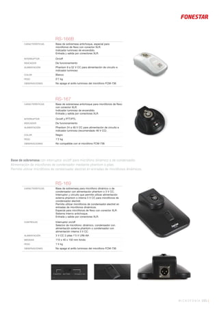 MICROFONÍA 285 |
RS-166B
CARACTERÍSTICAS Base de sobremesa antichoque, especial para
micrófonos de ﬂexo con conector XLR.
Indicador luminoso de encendido.
Entrada y salida por conectores XLR.
INTERRUPTOR On/off
INDICADOR De funcionamiento
ALIMENTACIÓN Phantom 9 a 52 V CC para alimentación de circuito e
indicador luminoso
COLOR Blanco
PESO 0’7 kg
OBSERVACIONES No apaga el anillo luminoso del micrófono FCM-736
RS-167
CARACTERÍSTICAS Base de sobremesa antichoque para micrófonos de ﬂexo
con conector XLR.
Indicador luminoso de encendido.
Entrada y salida por conectores XLR.
INTERRUPTOR On/off y PTT/PTL
INDICADOR De funcionamiento
ALIMENTACIÓN Phantom 24 a 48 V CC para alimentación de circuito e
indicador luminoso (recomendado 48 V CC)
COLOR Negro
PESO 1’2 kg
OBSERVACIONES No compatible con el micrófono FCM-736
Base de sobremesa con interruptor on/off para micrófono dinámico o de condensador.
Alimentación de micrófonos de condensador mediante phantom o pilas.
Permite utilizar micrófonos de condensador electret en entradas de micrófonos dinámicos.
RS-169
CARACTERÍSTICAS Base de sobremesa para micrófono dinámico o de
condensador con alimentación phantom o 3 V CC.
Interruptor y circuito que permite utilizar alimentación
externa phantom o interna 3 V CC para micrófonos de
condensador electret.
Permite utilizar micrófonos de condensador electret en
entradas de micrófonos dinámicos.
Especial para micrófonos de ﬂexo con conector XLR.
Sistema interno antichoque.
Entrada y salida por conectores XLR.
CONTROLES Interruptor on/off
Selector de micrófono: dinámico, condensador con
alimentación externa phantom o condensador con
alimentación interna 3 V CC
ALIMENTACIÓN 3 V CC 2 pilas 1’5 V LR6-AA
MEDIDAS 110 x 40 x 150 mm fondo
PESO 1’4 kg
OBSERVACIONES No apaga el anillo luminoso del micrófono FCM-736
 