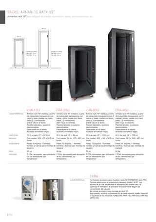 58’5 cm
ALTURA (con ruedas)
FRA-10U: 72 cm
FRA-20U: 117 cm
58’5 cm
ALTURA (con ruedas)
FRA-30U: 162 cm
FRA-40U: 206 cm
| 292
RACKS. ARMARIOS RACK 19”
Armarios rack 19” para equipos de sonido, iluminación, datos, comunicaciones, etc.
FRA-10U FRA-20U FRA-30U FRA-40U
CARACTERÍSTICAS Armario rack 19” metálico, puerta
de metacrilato transparente con
cierre y llave, ruedas con freno,
patas y 2 ventiladores
(230 V CA) en el techo.
Paneles laterales y posterior
desmontables.
Pasacables en el lateral.
Acabado esmaltado negro.
Armario rack 19” metálico, puerta
de metacrilato transparente con
cierre y llave, ruedas con freno,
patas y 2 ventiladores
(230 V CA) en el techo.
Paneles laterales y posterior
desmontables.
Pasacables en el lateral.
Acabado esmaltado negro.
Armario rack 19” metálico, puerta
de metacrilato transparente con 2
cierres y llaves, ruedas con freno,
patas y 2 ventiladores
(230 V CA) en el techo.
Paneles laterales y posterior
desmontables.
Pasacables en el lateral.
Acabado esmaltado negro.
Armario rack 19” metálico, puerta
de metacrilato transparente con 2
cierres y llaves, ruedas con freno,
patas y 2 ventiladores
(230 V CA) en el techo.
Paneles laterales y posterior
desmontables.
Pasacables en el lateral.
Acabado esmaltado negro.
CAPACIDAD 10 U de rack 19” = 44’5 cm 20 U de rack 19” = 89 cm 30 U de rack 19” = 133’5 cm 40 U de rack 19” = 178 cm
MEDIDAS Con ruedas: 58’5 x 72 x 58’5 cm
fondo
Con ruedas: 58’5 x 117 x 58’5 cm
fondo
Con ruedas: 58’5 x 162 x 58’5 cm
fondo
Con ruedas: 58’5 x 206 x 58’5 cm
fondo
ACCESORIOS Patas, 6 ángulos, 1 bandeja,
tornillos y tuercas para montaje de
equipos
Patas, 10 ángulos, 1 bandeja,
tornillos y tuercas para montaje de
equipos
Patas, 12 ángulos, 1 bandeja,
tornillos y tuercas para montaje de
equipos
Patas, 14 ángulos, 1 bandeja,
tornillos y tuercas para montaje de
equipos
PESO 41 kg 56 kg 70 kg 84 kg
OPCIONAL T-FRA: termostato para activación
de los ventiladores por
temperatura
T-FRA: termostato para activación
de los ventiladores por
temperatura
T-FRA: termostato para activación
de los ventiladores por
temperatura
T-FRA: termostato para activación
de los ventiladores por
temperatura
T-FRA
CARACTERÍSTICAS Termostato accesorio para muebles racks 19” FONESTAR serie FRA.
Permite seleccionar la temperatura deseada desde 0 a 60°, por
encima de la cual se activaría el ventilador del mueble rack 19”.
Optimiza el ventilador, al activarse exclusivamente según las
necesidades del usuario.
Se incluye accesorio para montaje en rack 19”.
Bajo pedido, se sirve ya instalado en la parte superior trasera derecha
o izquierda de los modelos FONESTAR: FRA-10U, FRA-20U, FRA-30U
y FRA-40U.
 