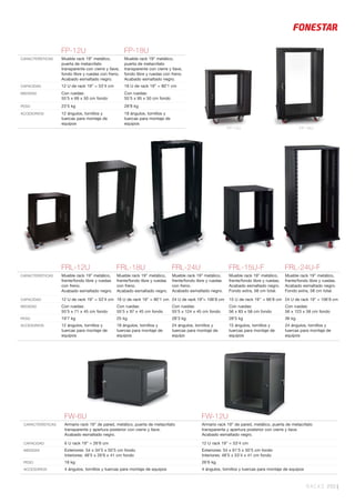 FP-12U FP-18U
RACKS 293 |
FP-12U FP-18U
CARACTERÍSTICAS Mueble rack 19” metálico,
puerta de metacrilato
transparente con cierre y llave,
fondo libre y ruedas con freno.
Acabado esmaltado negro.
Mueble rack 19” metálico,
puerta de metacrilato
transparente con cierre y llave,
fondo libre y ruedas con freno.
Acabado esmaltado negro.
CAPACIDAD 12 U de rack 19” = 53’4 cm 18 U de rack 19” = 80’1 cm
MEDIDAS Con ruedas:
55’5 x 69 x 50 cm fondo
Con ruedas:
55’5 x 95 x 50 cm fondo
PESO 23’5 kg 28’8 kg
ACCESORIOS 12 ángulos, tornillos y
tuercas para montaje de
equipos
18 ángulos, tornillos y
tuercas para montaje de
equipos
FRL-12U FRL-18U FRL-24U FRL-15U-F FRL-24U-F
CARACTERÍSTICAS Mueble rack 19” metálico,
frente/fondo libre y ruedas
con freno.
Acabado esmaltado negro.
Mueble rack 19” metálico,
frente/fondo libre y ruedas
con freno.
Acabado esmaltado negro.
Mueble rack 19” metálico,
frente/fondo libre y ruedas
con freno.
Acabado esmaltado negro.
Mueble rack 19” metálico,
frente/fondo libre y ruedas.
Acabado esmaltado negro.
Fondo extra, 58 cm total.
Mueble rack 19” metálico,
frente/fondo libre y ruedas.
Acabado esmaltado negro.
Fondo extra, 58 cm total.
CAPACIDAD 12 U de rack 19” = 53’4 cm 18 U de rack 19” = 80’1 cm 24 U de rack 19”= 106’8 cm 15 U de rack 19’’ = 66’8 cm 24 U de rack 19” = 106’8 cm
MEDIDAS Con ruedas:
55’5 x 71 x 45 cm fondo
Con ruedas:
55’5 x 97 x 45 cm fondo
Con ruedas:
55’5 x 124 x 45 cm fondo
Con ruedas:
56 x 83 x 58 cm fondo
Con ruedas:
56 x 123 x 58 cm fondo
PESO 19’7 kg 25 kg 28’3 kg 28’5 kg 36 kg
ACCESORIOS 12 ángulos, tornillos y
tuercas para montaje de
equipos
18 ángulos, tornillos y
tuercas para montaje de
equipos
24 ángulos, tornillos y
tuercas para montaje de
equipo
15 ángulos, tornillos y
tuercas para montaje de
equipos
24 ángulos, tornillos y
tuercas para montaje de
equipos
FW-6U FW-12U
CARACTERÍSTICAS Armario rack 19” de pared, metálico, puerta de metacrilato
transparente y apertura posterior con cierre y llave.
Acabado esmaltado negro.
Armario rack 19” de pared, metálico, puerta de metacrilato
transparente y apertura posterior con cierre y llave.
Acabado esmaltado negro.
CAPACIDAD 6 U rack 19” = 26’6 cm 12 U rack 19” = 53’4 cm
MEDIDAS Exteriores: 54 x 34’5 x 50’5 cm fondo
Interiores: 48’5 x 26’6 x 41 cm fondo
Exteriores: 54 x 61’5 x 50’5 cm fondo
Interiores: 48’5 x 53’4 x 41 cm fondo
PESO 18 kg 26’6 kg
ACCESORIOS 4 ángulos, tornillos y tuercas para montaje de equipos 4 ángulos, tornillos y tuercas para montaje de equipos
 