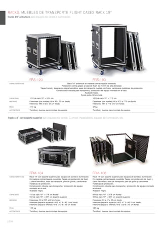 | 294
Racks 19” con soporte superior para equipos de sonido, DJ mixer, mezcladores, equipos de iluminación, etc.
RACKS. MUEBLES DE TRANSPORTE FLIGHT CASES RACK 19”
Racks 19” antishock para equipos de sonido e iluminación.
FRS-120 FRS-160
CARACTERÍSTICAS Rack 19” antishock en madera contrachapada revestida.
Protección contra golpes a base de foam de 25 mm de alta densidad.
Tapas frontal y trasera con cierre hermético, asas de transporte, ruedas con freno, cantoneras metálicas de protección.
Construcción robusta para transporte y protección del equipo montado en el rack.
Acabado negro.
Fondo extra, 60 cm total.
CAPACIDAD 12 U de rack 19” = 53’4 cm 16 U de rack 19” = 71’2 cm
MEDIDAS Exteriores (con ruedas): 60 x 80 x 77 cm fondo
Interiores: 48’5 x 55 x 57 cm fondo
Exteriores (con ruedas): 60 x 97’5 x 77’5 cm fondo
Interiores: 48’5 x 71’2 x 57 cm fondo
PESO 41’4 kg 47 kg
ACCESORIOS Tornillos y tuercas para montaje de equipos Tornillos y tuercas para montaje de equipos
FRM-104 FRM-108
CARACTERÍSTICAS Rack 19” con soporte superior para equipos de sonido e iluminación.
En madera contrachapada revestida. Tapas con protección de foam
y cierre hermético, asas de transporte, pies de goma y cantoneras
metálicas de protección.
Construcción robusta para transporte y protección del equipo
montado en el rack.
Acabado negro.
Rack 19” con soporte superior para equipos de sonido e iluminación.
En madera contrachapada revestida. Tapas con protección de foam y
cierre hermético, asas de transporte, pies de goma y cantoneras
metálicas de protección.
Construcción robusta para transporte y protección del equipo montado
en el rack.
Acabado negro.
CAPACIDAD 4 U de rack 19” = 17’8 cm frontal
9 U de rack 19” = 40’1 cm soporte superior
8 U de rack 19” = 35’6 cm frontal
9 U de rack 19” = 40’1 cm soporte superior
MEDIDAS Exteriores: 53 x 29’5 x 62 cm fondo
Interiores (espacio superior): 48’5 x 7’5 x 40’1 cm fondo
Interiores (espacio inferior): 48’5 x 17’8 x 45 cm fondo
Exteriores: 53 x 47 x 62 cm fondo
Interiores (espacio superior): 48’5 x 7’5 x 40’1 cm fondo
Interiores (espacio inferior): 48’5 x 35’6 x 45 cm fondo
PESO 14’5 kg 18’5 kg
ACCESORIOS Tornillos y tuercas para montaje de equipos Tornillos y tuercas para montaje de equipos
 
