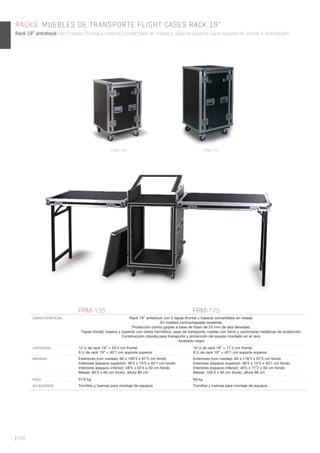 | 296
RACKS. MUEBLES DE TRANSPORTE FLIGHT CASES RACK 19”
Rack 19” antishock con 2 tapas (frontal y trasera) convertibles en mesas y soporte superior para equipos de sonido e iluminación.
FRM-135 FRM-175
CARACTERÍSTICAS Rack 19” antishock con 2 tapas (frontal y trasera) convertibles en mesas.
En madera contrachapada revestida.
Protección contra golpes a base de foam de 25 mm de alta densidad.
Tapas frontal, trasera y superior con cierre hermético, asas de transporte, ruedas con freno y cantoneras metálicas de protección.
Construcción robusta para transporte y protección del equipo montado en el rack.
Acabado negro
CAPACIDAD 12 U de rack 19” = 53’4 cm frontal
9 U de rack 19” = 40’1 cm soporte superior
16 U de rack 19” = 71’2 cm frontal
9 U de rack 19” = 40’1 cm soporte superior
MEDIDAS Exteriores (con ruedas): 60 x 100’5 x 67’5 cm fondo
Interiores (espacio superior): 48’5 x 14’5 x 40’1 cm fondo
Interiores (espacio inferior): 48’5 x 53’4 x 50 cm fondo
Mesas: 85’5 x 60 cm fondo, altura 80 cm
Exteriores (con ruedas): 60 x 118’5 x 67’5 cm fondo
Interiores (espacio superior): 48’5 x 14’5 x 40’1 cm fondo
Interiores (espacio inferior): 48’5 x 71’2 x 50 cm fondo
Mesas: 103’5 x 60 cm fondo, altura 98 cm
PESO 51’6 kg 59 kg
ACCESORIOS Tornillos y tuercas para montaje de equipos Tornillos y tuercas para montaje de equipos
FRM-135 FRM-175
 