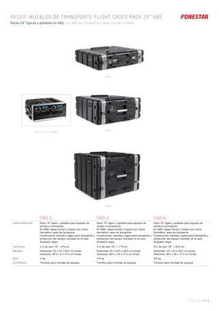 RACKS 299 |
RACKS. MUEBLES DE TRANSPORTE FLIGHT CASES RACK 19” ABS
Racks 19” ligeros y apilables en ABS, con asas de transporte y tapas frontal y trasera.
FAB-2
FAB-4
FAB-8
FAB-4 + CD-4400DJ
FAB-2 FAB-4 FAB-8
CARACTERÍSTICAS Rack 19” ligero y apilable para equipos de
sonido e iluminación.
En ABS, tapas frontal y trasera con cierre
hermético, asas de transporte.
Construcción robusta y ligera para transporte y
protección del equipo montado en el rack.
Acabado negro.
Rack 19” ligero y apilable para equipos de
sonido e iluminación.
En ABS, tapas frontal y trasera con cierre
hermético, asas de transporte.
Construcción robusta y ligera para transporte y
protección del equipo montado en el rack.
Acabado negro.
Rack 19” ligero y apilable para equipos de
sonido e iluminación.
En ABS, tapas frontal y trasera con cierre
hermético, asas de transporte.
Construcción robusta y ligera para transporte y
protección del equipo montado en el rack.
Acabado negro.
CAPACIDAD 2 U de rack 19” = 8’9 cm 4 U de rack 19” = 17’8 cm 8 U de rack 19” = 35’6 cm
MEDIDAS Exteriores: 55 x 16 x 56’5 cm fondo
Interiores: 48’5 x 9 x 41’5 cm fondo
Exteriores: 55 x 24’5 x 56’5 cm fondo
Interiores: 48’5 x 18 x 41’5 cm fondo
Exteriores: 55 x 42 x 56’5 cm fondo
Interiores: 48’5 x 36 x 41’5 cm fondo
PESO 4 kg 4’8 kg 6’8 kg
ACCESORIOS Tornillos para montaje de equipos Tornillos para montaje de equipos Tornillos para montaje de equipos
 