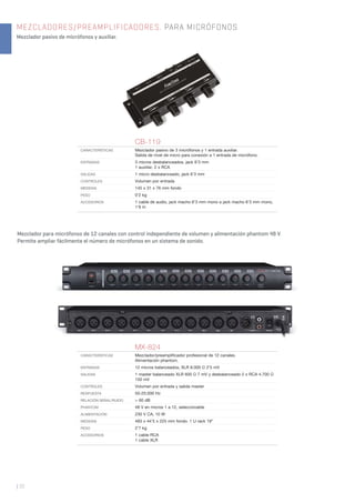 MEZCLADORES/PREAMPLIFICADORES. PARA MICRÓFONOS
Mezclador pasivo de micrófonos y auxiliar.
| 32
CB-119
CARACTERÍSTICAS Mezclador pasivo de 3 micrófonos y 1 entrada auxiliar.
Salida de nivel de micro para conexión a 1 entrada de micrófono.
ENTRADAS 3 micros desbalanceados, jack 6’3 mm
1 auxiliar, 2 x RCA
SALIDAS 1 micro desbalanceado, jack 6’3 mm
CONTROLES Volumen por entrada
MEDIDAS 145 x 31 x 76 mm fondo
PESO 0’2 kg
ACCESORIOS 1 cable de audio, jack macho 6’3 mm mono a jack macho 6’3 mm mono,
1’8 m
MX-824
CARACTERÍSTICAS Mezclador/preampliﬁcador profesional de 12 canales.
Alimentación phantom.
ENTRADAS 12 micros balanceados, XLR 8.000 Ω 2’5 mV
SALIDAS 1 master balanceado XLR 600 Ω 7 mV y desbalanceado 2 x RCA 4.700 Ω
150 mV
CONTROLES Volumen por entrada y salida master
RESPUESTA 50-20.000 Hz
RELACIÓN SEÑAL/RUIDO > 60 dB
PHANTOM 48 V en micros 1 a 12, seleccionable
ALIMENTACIÓN 230 V CA, 10 W
MEDIDAS 483 x 44’5 x 225 mm fondo. 1 U rack 19”
PESO 2’7 kg
ACCESORIOS 1 cable RCA
1 cable XLR
Mezclador para micrófonos de 12 canales con control independiente de volumen y alimentación phantom 48 V.
Permite ampliar fácilmente el número de micrófonos en un sistema de sonido..
 