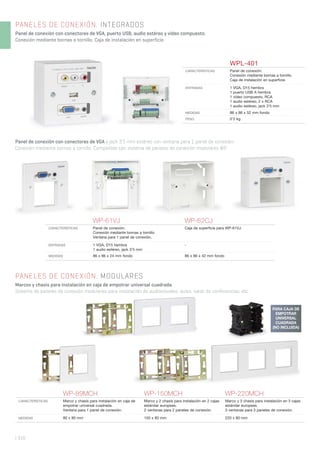 WP-89MCH WP-150MCH WP-220MCH
CARACTERÍSTICAS Marco y chasis para instalación en caja de
empotrar universal cuadrada.
Ventana para 1 panel de conexión.
Marco y 2 chasis para instalación en 2 cajas
estándar europeas.
2 ventanas para 2 paneles de conexión.
Marco y 3 chasis para instalación en 3 cajas
estándar europeas.
3 ventanas para 3 paneles de conexión.
MEDIDAS 80 x 80 mm 150 x 80 mm 220 x 80 mm
| 316
PANELES DE CONEXIÓN. INTEGRADOS
Panel de conexión con conectores de VGA, puerto USB, audio estéreo y vídeo compuesto.
Conexión mediante bornas a tornillo. Caja de instalación en superficie.
PANELES DE CONEXIÓN. MODULARES
Marcos y chasis para instalación en caja de empotrar universal cuadrada.
Sistema de paneles de conexión modulares para instalación de audiovisuales, aulas, salas de conferencias, etc.
WPL-401
CARACTERÍSTICAS Panel de conexión.
Conexión mediante bornas a tornillo.
Caja de instalación en superﬁcie.
ENTRADAS 1 VGA, D15 hembra
1 puerto USB A hembra
1 vídeo compuesto, RCA
1 audio estéreo, 2 x RCA
1 audio estéreo, jack 3’5 mm
MEDIDAS 86 x 86 x 52 mm fondo
PESO 0’2 kg
WP-61VJ WP-62CJ
CARACTERÍSTICAS Panel de conexión.
Conexión mediante bornas a tornillo.
Ventana para 1 panel de conexión.
Caja de superﬁcie para WP-61VJ.
ENTRADAS 1 VGA, D15 hembra
1 audio estéreo, jack 3’5 mm
-
MEDIDAS 86 x 86 x 24 mm fondo 86 x 86 x 42 mm fondo
Panel de conexión con conectores de VGA y jack 3’5 mm estéreo con ventana para 1 panel de conexión.
Conexión mediante bornas a tornillo. Compatible con sistema de paneles de conexión modulares WP.
PARA CAJA DE
EMPOTRAR
UNIVERSAL
CUADRADA
(NO INCLUIDA)
 