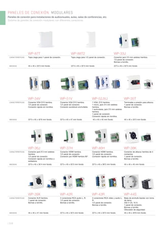 WP-87T WP-88T2 WP-33J
CARACTERÍSTICAS Tapa ciega para 1 panel de conexión. Tapa ciega para 1/2 panel de conexión. Conector jack 3’5 mm estéreo hembra.
1/2 panel de conexión.
Bornas a tornillo.
MEDIDAS 45 x 45 x 33’3 mm fondo 22’5 x 45 x 33’3 mm fondo 22’5 x 45 x 33’3 mm fondo
WP-39X WP-42R WP-43R WP-44S
CARACTERÍSTICAS Conector XLR hembra.
1 panel de conexión.
Bornas a tornillo.
2 conectores RCA audio L, R.
1/2 panel de conexión.
Bornas a tornillo.
3 conectores RCA vídeo y audio L,
R.
1/2 panel de conexión.
Bornas a tornillo.
Base de enchufe bipolar con toma
de tierra.
250 V CA, 16 A.
1 panel de conexión.
Bornas a tornillo.
Obturador de seguridad.
MEDIDAS 45 x 45 x 47 mm fondo 22’5 x 45 x 33’3 mm fondo 22’5 x 45 x 33’3 mm fondo 45 x 45 x 40’6 mm fondo
WP-36J WP-37H WP-46H WP-38K
CARACTERÍSTICAS Conector jack 6’3 mm estéreo
hembra.
1/2 panel de conexión.
Conexión rápida sin tornillos o
soldadura.
Conector HDMI hembra.
1/2 panel de conexión.
Conexión por HDMI hembra 90°.
Conector HDMI hembra.
1/2 panel de conexión.
Conexión rápida sin tornillos.
Conector de altavoz hembra de 4
contactos.
1 panel de conexión.
Bornas a tornillo.
MEDIDAS 22’5 x 45 x 35’4 mm fondo 22’5 x 45 x 33’3 mm fondo 22’5 x 45 x 39’2 mm fondo 45 x 45 x 45 mm fondo
WP-34V WP-51V WP-52JVJ WP-35T
CARACTERÍSTICAS Conector VGA D15 hembra.
1/2 panel de conexión.
Conexión rápida sin tornillos.
Conector VGA D15 hembra.
1/2 panel de conexión.
Conexión euroblock enchufable.
1 VGA, D15 hembra.
1 micro, jack 3’5 mm estéreo
hembra.
1 auriculares, jack 3’5 mm estéreo
hembra.
1 panel de conexión.
Conexión rápida sin tornillos.
Terminales a presión para altavoz.
1 panel de conexión.
Bornas a tornillo.
MEDIDAS 22’5 x 45 x 42’6 mm fondo 22’5 x 45 x 47 mm fondo 45 x 45 x 45 mm fondo 45 x 45 x 33’3 mm fondo
| 318
PANELES DE CONEXIÓN. MODULARES
Paneles de conexión para instalaciones de audiovisuales, aulas, salas de conferencias, etc.
Sistema de paneles de conexión modulares con diferentes conectores.
 