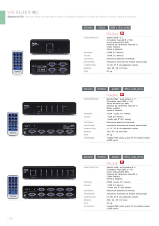 VGA. SELECTORES
Selectores VGA. Permiten elegir qué entrada se envía a la salida. Amplifican la señal de salida e incluyen mando a distancia.
| 328
FO-346
CARACTERÍSTICAS Selector VGA y audio estéreo 4 x 1.
Compatible hasta 1920 x 1440.
Ancho de banda 250 MHz.
Distancia de transmisión hasta 65 m.
Chasis metálico.
Mando a distancia.
ENTRADAS 4 VGA + audio, D15 hembra
SALIDAS 1 VGA, D15 hembra
1 audio, jack 3’5 mm estéreo
CONTROLES Botones de selección de entrada
INDICADORES Indicadores luminosos de entrada seleccionada
ALIMENTACIÓN 5 V CC, 0’5 A con adaptador incluido
MEDIDAS 200 x 42 x 75 mm fondo
PESO 0’6 kg
ACCESORIOS 4 cables VGA macho y jack 3’5 mm estéreo macho
a VGA macho
N!
250 MHz WUXGA AUDIO 1920 x 1440, 60 Hz
FO-340
CARACTERÍSTICAS Selector VGA 2 x 2.
Compatible hasta 2048 x 1536.
Ancho de banda 450 MHz.
Distancia de transmisión hasta 60 m.
Chasis metálico.
Mando a distancia.
ENTRADAS 2 VGA, D15 hembra
SALIDAS 2 VGA, D15 hembra
CONTROLES Botones de selección de entrada
INDICADORES Indicadores luminosos de entrada seleccionada
ALIMENTACIÓN 5 V CC, 0’5 A con adaptador incluido
MEDIDAS 130 x 42 x 75 mm fondo
PESO 0’4 kg
N!
450 MHz QXGA 2048 x 1536, 60 Hz
FO-348
CARACTERÍSTICAS Selector VGA y audio estéreo 8 x 1.
Compatible hasta 1920 x 1440.
Ancho de banda 250 MHz.
Distancia de transmisión hasta 65 m.
Chasis metálico.
Mando a distancia.
ENTRADAS 8 VGA + audio, D15 hembra
SALIDAS 1 VGA, D15 hembra
1 audio, jack 3’5 mm estéreo
CONTROLES Botones de selección de entrada
INDICADORES Indicadores luminosos de entrada seleccionada
ALIMENTACIÓN 5 V CC, 0’5 A con adaptador incluido
MEDIDAS 200 x 42 x 75 mm fondo
PESO 0’6 kg
ACCESORIOS 8 cables VGA macho y jack 3’5 mm estéreo macho
a VGA macho
N!
250 MHz WUXGA AUDIO 1920 x 1440, 60 Hz
 