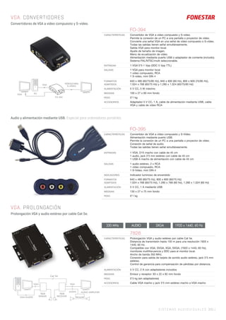 SISTEMAS AUDIOVISUALES 331 |
VGA. CONVERTIDORES
Convertidores de VGA a vídeo compuesto y S-vídeo.
Audio y alimentación mediante USB. Especial para ordenadores portátiles.
FO-395
CARACTERÍSTICAS Convertidor de VGA a vídeo compuesto y S-Vídeo.
Alimentación mediante puerto USB.
Permite la conexión de un PC a una pantalla o proyector de vídeo.
Conexión de señal de audio.
Todas las salidas tienen señal simultáneamente.
ENTRADAS 1 VGA, D15 macho con cable de 45 cm
1 audio, jack 3’5 mm estéreo con cable de 45 cm
1 USB A macho de alimentación con cable de 45 cm
SALIDAS 1 audio estéreo, 2 x RCA
1 vídeo compuesto, RCA
1 S-Vídeo, mini DIN 4
INDICADORES Indicador luminoso de encendido
FORMATOS
ADMITIDOS
640 x 480 (60/75 Hz), 800 x 600 (60/75 Hz)
1.024 x 768 (60/75 Hz), 1.280 x 768 (60 Hz), 1.280 x 1.024 (60 Hz)
ALIMENTACIÓN 5 V CC, 1 A mediante USB
MEDIDAS 130 x 27 x 75 mm fondo
PESO 0’1 kg
FO-394
CARACTERÍSTICAS Convertidor de VGA a vídeo compuesto y S-vídeo.
Permite la conexión de un PC a una pantalla o proyector de vídeo.
Convierte una señal VGA en una señal de vídeo compuesto o S-vídeo.
Todas las salidas tienen señal simultáneamente.
Salida VGA para monitor local.
Ajuste de tamaño de imagen.
Menú de ecualización de vídeo.
Alimentación mediante puerto USB o adaptador de corriente (incluido).
Sistema PAL/NTSC/multi seleccionable.
ENTRADAS 1 VGA 0’5-1 Vpp (DDC 5 Vpp TTL)
SALIDAS 1 VGA para monitor local
1 vídeo compuesto, RCA
1 S-vídeo, mini DIN 4
FORMATOS
ADMITIDOS
640 x 480 (60/75/85 Hz), 840 x 600 (60 Hz), 800 x 600 (75/85 Hz),
1.024 x 768 (60/75 Hz) y 1.280 x 1.024 (60/75/85 Hz)
ALIMENTACIÓN 5 V CC, 5 W máximo
MEDIDAS 100 x 27 x 60 mm fondo
PESO 0’1 kg
ACCESORIOS Adaptador 5 V CC, 1 A, cable de alimentación mediante USB, cable
VGA y cable de vídeo RCA
VGA
VÍDEO(CVBS)
S-VÍDEO
FO-394
PC
VGA
7828
CARACTERÍSTICAS Prolongación VGA y audio estéreo por cable Cat 5e.
Distancia de transmisión hasta 150 m para una resolución 1920 x
1440, 60 Hz.
Compatible con VGA, SVGA, XGA, SXGA, (1920 x 1440, 60 Hz),
monitores multifrecuencia y DDC para el monitor local.
Ancho de banda 350 MHz.
Conexión para salida de tarjeta de sonido audio estéreo, jack 3’5 mm
estéreo.
Control de ganancia para compensación de pérdidas por distancia.
ALIMENTACIÓN 5 V CC, 2 A con adaptadores incluidos
MEDIDAS Emisor y receptor: 93 x 22 x 82 mm fondo
PESO 0’3 kg (sin adaptadores)
ACCESORIOS Cable VGA macho y jack 3’5 mm estéreo macho a VGA macho
SXGAAUDIO350 MHz 1920 x 1440, 60 Hz
VGA. PROLONGACIÓN
Prolongación VGA y audio estéreo por cable Cat 5e.
 