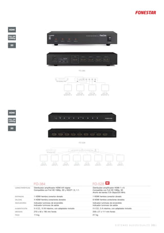 SISTEMAS AUDIOVISUALES 335 |
FO-384 FO-528
CARACTERÍSTICAS Distribuidor ampliﬁcador HDMI A/V digital.
Compatible con Full HD 1080p, 3D y HDCP 1.0, 1.1.
Distribuidor ampliﬁcador HDMI 1 x 8.
Compatible con Full HD 1080p, 3D
Ancho de banda 2’25 Gbps/225 MHz.
ENTRADAS 1 HDMI hembra conector dorado 1 HDMI hembra conector dorado
SALIDAS 4 HDMI hembra conectores dorados 8 HDMI hembra conectores dorados
INDICADORES Indicador luminoso de encendido
Indicador luminoso de salida
Indicador luminoso de encendido
Indicador luminoso de salida
ALIMENTACIÓN 5 V CC, 15 W máximo, con adaptador incluido 5 V CC, 3 A máximo, con adaptador incluido
MEDIDAS 270 x 50 x 185 mm fondo 258 x 27 x 111 mm fondo
PESO 1’4 kg 0’7 kg
www.fonestar.com
HD DVD/BLU RAY
FULL HD
MONITOR TV
FULL HD
MONITOR TV
FULL HD
MONITOR TV
FULL HD
MONITOR TV
FULL HD
MONITOR TV
FULL HD
MONITOR TV
FULL HD
MONITOR TV
FULL HD
MONITOR TV
1OUTPUT 234INPUT5678 OUTPUT
5 V DC, 3 A
HD DVD/BLU-RAY
FULL HD
MONITOR TV
FULL HD
MONITOR TV
FULL HD
MONITOR TV
FULL HD
MONITOR TV
FULL HD
1080p
3D
HDMI
FULL HD
1080p
3D
HDMI
FO-384
FO-528
N!
 