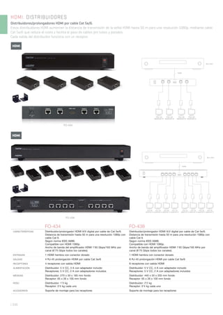 BLU-RAY
HDMI
OUTPUT 4
DC/5V
DC INPUT
OUTPUT 3 OUTPUT 2 OUTPUT 1HDMI INPUT
FULL HD
MONITOR TV
FULL HD
MONITOR TV
FULL HD
MONITOR TV
FULL HD
MONITOR TV
DC/5V
DC INPUT
OUTPUT 8 OUTPUT 7 OUTPUT 6 OUTPUT 5 OUTPUT 4 OUTPUT 3 OUTPUT 2 OUTPUT 1HDMI INPUT
BLU-RAY
HDMI
FULL HD
MONITOR TV
FULL HD
MONITOR TV
FULL HD
MONITOR TV
FULL HD
MONITOR TV
FULL HD
MONITOR TV
FULL HD
MONITOR TV
FULL HD
MONITOR TV
FULL HD
MONITOR TV
| 336
HDMI. DISTRIBUIDORES
Distribuidores/prolongadores HDMI por cable Cat 5e/6.
Estos distribuidores HDMI aumentan la distancia de transmisión de la señal HDMI hasta 50 m para una resolución 1080p, mediante cable
Cat 5e/6 que reduce el coste y facilita el paso de cables por tubos y paredes.
Cada salida del distribuidor funciona con un receptor.
FO-434 FO-438
CARACTERÍSTICAS Distribuidor/prolongador HDMI A/V digital por cable de Cat 5e/6.
Distancia de transmisión hasta 50 m para una resolución 1080p con
cable Cat 6.
Según norma IEEE-568B.
Compatible con HDMI 1080p.
Ancho de banda del ampliﬁcador HDMI 1’65 Gbps/165 MHz por
canal (6’75 Gbps todos los canales).
Distribuidor/prolongador HDMI A/V digital por cable de Cat 5e/6.
Distancia de transmisión hasta 50 m para una resolución 1080p con
cable Cat 6.
Según norma IEEE-568B.
Compatible con HDMI 1080p.
Ancho de banda del ampliﬁcador HDMI 1’65 Gbps/165 MHz por
canal (6’75 Gbps todos los canales).
ENTRADAS 1 HDMI hembra con conector dorado 1 HDMI hembra con conector dorado
SALIDAS 4 RJ-45 prolongación HDMI por cable Cat 5e/6 8 RJ-45 prolongación HDMI por cable Cat 5e/6
RECEPTORES 4 receptores con salida HDMI 8 receptores con salida HDMI
ALIMENTACIÓN Distribuidor: 5 V CC, 3 A con adaptador incluido
Receptores: 5 V CC, 2 A con adaptadores incluidos
Distribuidor: 5 V CC, 4 A con adaptador incluido
Receptores: 5 V CC, 2 A con adaptadores incluidos
MEDIDAS Distribuidor: 270 x 50 x 185 mm fondo
Receptor: 65 x 26 x 100 mm fondo
Distribuidor: 440 x 55 x 205 mm fondo
Receptor: 65 x 26 x 100 mm fondo
PESO Distribuidor: 1’3 kg
Receptor: 0’4 kg cada uno
Distribuidor: 2’2 kg
Receptor: 0’4 kg cada uno
ACCESORIOS Soporte de montaje para los receptores Soporte de montaje para los receptores
FO-434
FO-438
HDMI
HDMI
 