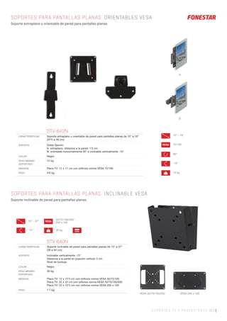 SOPORTES TV Y PROYECTORES 357 |
A
SOPORTES PARA PANTALLAS PLANAS. ORIENTABLES VESA
Soporte extraplano u orientable de pared para pantallas planas.
15” - 37”
-15°
VESA
50/75/100/200/
200 x 100
30 kg LEVEL
B
10” - 19”
90º
-10°
VESA 75/100
15 kg
STV-642N
CARACTERÍSTICAS Soporte extraplano u orientable de pared para pantallas planas de 10” a 19”
(25’5 a 48 cm).
SOPORTE Doble ﬁjación:
A: extraplano, distancia a la pared: 1’5 cm
B: orientable horizontalmente 90° e inclinable verticalmente -10°
COLOR Negro
PESO MÁXIMO
SOPORTADO
15 kg
MEDIDAS Placa TV: 11 x 11 cm con oriﬁcios norma VESA 75/100
PESO 0’6 kg
STV-640N
CARACTERÍSTICAS Soporte inclinable de pared para pantallas planas de 15” a 37”
(38 a 94 cm).
SOPORTE Inclinable verticalmente -15°
Distancia a la pared en posición vertical: 5 cm
Nivel de burbuja
COLOR Negro
PESO MÁXIMO
SOPORTADO
30 kg
MEDIDAS Placa TV: 12 x 12’5 cm con oriﬁcios norma VESA 50/75/100
Placa TV: 22 x 22 cm con oriﬁcios norma VESA 50/75/100/200
Placa TV: 22 x 12’5 cm con oriﬁcios norma VESA 200 x 100
PESO 1’7 kg
SOPORTES PARA PANTALLAS PLANAS. INCLINABLE VESA
Soporte inclinable de pared para pantallas planas.
VESA 50/75/100/200 VESA 200 x 100
 