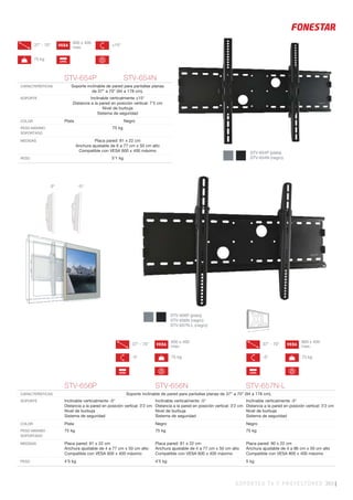 SOPORTES TV Y PROYECTORES 363 |
STV-656P STV-656N STV-657N-L
CARACTERÍSTICAS Soporte inclinable de pared para pantallas planas de 37” a 70” (94 a 178 cm).
SOPORTE Inclinable verticalmente -5°
Distancia a la pared en posición vertical: 3’2 cm
Nivel de burbuja
Sistema de seguridad
Inclinable verticalmente -5°
Distancia a la pared en posición vertical: 3’2 cm
Nivel de burbuja
Sistema de seguridad
Inclinable verticalmente -5°
Distancia a la pared en posición vertical: 3’2 cm
Nivel de burbuja
Sistema de seguridad
COLOR Plata Negro Negro
PESO MÁXIMO
SOPORTADO
75 kg 75 kg 75 kg
MEDIDAS Placa pared: 81 x 22 cm
Anchura ajustable de 4 a 77 cm x 50 cm alto
Compatible con VESA 600 x 400 máximo
Placa pared: 81 x 22 cm
Anchura ajustable de 4 a 77 cm x 50 cm alto
Compatible con VESA 600 x 400 máximo
Placa pared: 90 x 22 cm
Anchura ajustable de 4 a 86 cm x 50 cm alto
Compatible con VESA 800 x 400 máximo
PESO 4’5 kg 4’5 kg 5 kg
VESAVESA
800 x 400
max.
600 x 400
max.
37” - 70”37” - 70”
75 kg75 kg
LEVELLEVEL
-5°-5°
37” - 70” ±15º
LEVEL
VESA
600 x 400
max.
75 kg
STV-654P (plata)
STV-654N (negro)
STV-656P (plata)
STV-656N (negro)
STV-657N-L (negro)
STV-654P STV-654N
CARACTERÍSTICAS Soporte inclinable de pared para pantallas planas
de 37” a 70” (94 a 178 cm).
SOPORTE Inclinable verticalmente ±15°
Distancia a la pared en posición vertical: 7’5 cm
Nivel de burbuja
Sistema de seguridad
COLOR Plata Negro
PESO MÁXIMO
SOPORTADO
75 kg
MEDIDAS Placa pared: 81 x 22 cm
Anchura ajustable de 6 a 77 cm x 50 cm alto
Compatible con VESA 600 x 400 máximo
PESO 5’1 kg
-5º0º
 