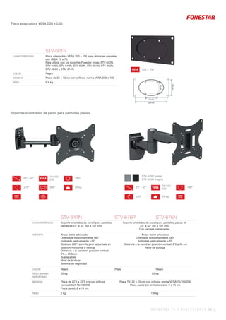 SOPORTES TV Y PROYECTORES 367 |
STV-601N
CARACTERÍSTICAS Placa adaptadora VESA 200 x 100 para utilizar en soportes
con VESA 75 x 75.
Para utilizar con los soportes Fonestar mods. STV-642N,
STV-648N, STV-649N, STV-650N, STV-651N, STV-652N,
STV-664N y STM-614N.
COLOR Negro
MEDIDAS Placa de 22 x 12 cm con oriﬁcios norma VESA 200 x 100
PESO 0’4 kg
STV-647N STV-676P STV-676N
CARACTERÍSTICAS Soporte orientable de pared para pantallas
planas de 23” a 42” (58 a 107 cm).
Soporte orientable de pared para pantallas planas de
23” a 42” (58 a 107 cm).
Con carcasa cubrecables.
SOPORTE Brazo doble articulado
Orientable horizontalmente 180°
Inclinable verticalmente ±15°
Giratorio 360°, permite girar la pantalla en
posición horizontal o vertical
Distancia a la pared en posición vertical:
9’6 a 45’6 cm
Sujetacables
Nivel de burbuja
Sistema de seguridad
Brazo doble articulado
Orientable horizontalmente 180°
Inclinable verticalmente ±20°
Distancia a la pared en posición vertical: 8’5 a 46 cm
Nivel de burbuja
COLOR Negro Plata Negro
PESO MÁXIMO
SOPORTADO
20 kg 20 kg
MEDIDAS Placa de 22’5 x 22’5 cm con oriﬁcios
norma VESA 75/100/200
Placa pared: 8 x 14 cm
Placa TV: 22 x 22 cm con oriﬁcios norma VESA 75/100/200
Placa pared (sin embellecedor): 8 x 15 cm
PESO 2 kg 1’9 kg
Placa adaptadora VESA 200 x 100.
Soportes orientables de pared para pantallas planas.
360º
180º23” - 42”
LEVEL
VESA
75/100/
200
±15º 20 kg
20 kg
180º23” - 42”
LEVEL
VESA
75/100/
200
±20º
VESA 200 x 100
75mm
75 mm
200 mm
100mm
STV-676P (plata)
STV-676N (negro)
 
