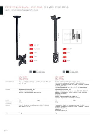 | 372
STV-666P
STV-666N
STV-668P
STV-668N
CARACTERÍSTICAS Soporte orientable de techo para pantallas planas de 23” a 42”
(58 a 107 cm).
Soporte orientable de techo para pantallas planas.
Para utilizar con los soportes mods. STV-654P, STV-654N,
STV-656P, STV-656N, STV-658P, STV-658N, STV-660P, STV-660N,
STV-661N y STV-657N-L.
Para pantallas planas de 32” a 70” (81 a 178 cm) según soporte.
SOPORTE Orientable horizontalmente 180°
Inclinable verticalmente ±20°
Distancia al techo: extensible de 60 a 85 cm
Orientable horizontalmente 360°
Inclinable verticalmente ±15° con los mods. STV-654P, STV-654N,
STV-658P, STV-658N y -5° con los mods. STV-656P, STV-656N,
STV-660P, STV-660N y
STV-657N-L
Distancia al techo: extensible de 50 a 90 cm
Corrección de inclinación horizontal de la pantalla
COLOR Plata Negro Plata Negro
PESO MÁXIMO
SOPORTADO
30 kg 60 kg
MEDIDAS Placa TV: 22 x 22 cm con oriﬁcios norma VESA 75/100/200
Placa techo: 15 cm Ø
Placa sujeción: 19 x 11 cm para soportes mods. STV-654P,
STV-654N, STV-656P, STV-656N, STV-658P, STV-658N, STV-660P,
STV-660N, STV-661N y
STV-657N-L
Placa techo: 13 x 18 cm
PESO 1’9 kg 3 kg
SOPORTES PARA PANTALLAS PLANAS. ORIENTABLES DE TECHO
Soportes orientables de techo para pantallas planas.
60-85cm
50-90cm
STV-668P (plata)
STV-668N (negro)
STV-666P (plata)
STV-666N (negro)
180º
VESA 75/100/200
23” - 42”
±20º
30 kg
360º
32” - 70”
60 kg
 