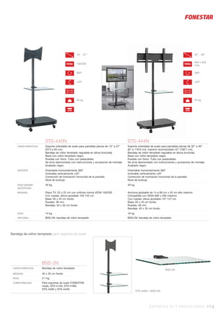 SOPORTES TV Y PROYECTORES 375 |
Bandeja de vidrio templado para soportes de suelo.
STS-440N STS-444N
CARACTERÍSTICAS Soporte orientable de suelo para pantallas planas de 10” a 37”
(25’5 a 94 cm).
Bandeja de vidrio templado regulable en altura (incluida).
Base con vidrio templado negro.
Ruedas con freno. Tubo con pasacables.
Se sirve desmontado con instrucciones y accesorios de montaje.
Acabado negro.
Soporte orientable de suelo para pantallas planas de 32” a 46”
(81 a 116’8 cm), máximo recomendado 42” (106’7 cm).
Bandeja de vidrio templado regulable en altura (incluida).
Base con vidrio templado negro.
Ruedas con freno. Tubo con pasacables.
Se sirve desmontado con instrucciones y accesorios de montaje.
Acabado negro.
SOPORTE Orientable horizontalmente 360°
Inclinable verticalmente ±20°
Corrección de inclinación horizontal de la pantalla
Nivel de burbuja
Orientable horizontalmente 360°
Inclinable verticalmente ±20°
Corrección de inclinación horizontal de la pantalla
Nivel de burbuja
PESO MÁXIMO
SOPORTADO
40 kg 40 kg
MEDIDAS Placa TV: 22 x 22 cm con oriﬁcios norma VESA 100/200
Con ruedas: altura ajustable 103-143 cm
Base: 65 x 45 cm fondo
Ruedas: 38 mm
Bandeja: 40 x 35 cm fondo
Anchura ajustable de 14 a 68 cm x 42 cm alto máximo
Compatible con VESA 600 x 400 máximo
Con ruedas: altura ajustable 107-147 cm
Base: 65 x 45 cm fondo
Ruedas: 38 mm
Bandeja: 40 x 35 cm fondo
PESO 14 kg 16 kg
OPCIONAL BSS-2N: bandeja de vidrio templado BSS-2N: bandeja de vidrio templado
BSS-2N
CARACTERÍSTICAS Bandeja de vidrio templado.
MEDIDAS 40 x 35 cm fondo
PESO 3’1 kg
COMPATIBILIDAD Para soportes de suelo FONESTAR
mods. STS-414N, STS-418N,
STS-440N y STS-444N
BSS-2N
STS-440N + BSS-2N
360º
VESA 100/200
10” - 37”
±20º
LEVEL
40 kg
360º
VESA
600 x 400
max.
32” - 46”
±20º
LEVEL
40 kg
 