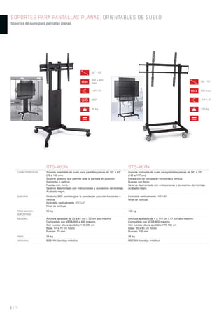 | 376
SOPORTES PARA PANTALLAS PLANAS. ORIENTABLES DE SUELO
Soportes de suelo para pantallas planas.
STS-463N STS-467N
CARACTERÍSTICAS Soporte orientable de suelo para pantallas planas de 30” a 63”
(76 a 160 cm).
Soporte giratorio que permite girar la pantalla en posición
horizontal o vertical.
Ruedas con freno.
Se sirve desmontado con instrucciones y accesorios de montaje.
Acabado negro.
Soporte inclinable de suelo para pantallas planas de 56” a 70”
(142 a 177 cm).
Instalación de pantalla en horizontal y vertical.
Ruedas con freno.
Se sirve desmontado con instrucciones y accesorios de montaje.
Acabado negro.
SOPORTE Giratorio 360° permite girar la pantalla en posición horizontal o
vertical
Inclinable verticalmente -15°/+5°
Nivel de burbuja
Inclinable verticalmente -10°/+5°
Nivel de burbuja
PESO MÁXIMO
SOPORTADO
50 kg 100 kg
MEDIDAS Anchura ajustable de 20 a 81 cm x 50 cm alto máximo
Compatible con VESA 600 x 400 máximo
Con ruedas: altura ajustable 146-206 cm
Base: 97 x 76 cm fondo
Ruedas: 70 mm
Anchura ajustable de 4 a 116 cm x 81 cm alto máximo
Compatible con VESA 800 máximo
Con ruedas: altura ajustable 175-195 cm
Base: 85 x 80 cm fondo
Ruedas: 100 mm
PESO 25 kg 26 kg
OPCIONAL BSS-4N: bandeja metálica BSS-6N: bandeja metálica
-10º/+5º
VESA 800 max.
56” -70”
LEVEL
100 kg
-15º/+5º
VESA
600 x 400
max.
30” - 63”
360º
50 kg
LEVEL
 