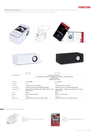 COMUNICACIÓN 397 |
Altavoces por inducción. Amplifican el audio de su teléfono móvil, sólo necesita colocar el teléfono sobre el altavoz.
Disponen además de entrada auxiliar para amplificar el audio de otros dispositivos.
IS-4B IS-4N
CARACTERÍSTICAS Altavoz por inducción.
Sin necesidad de conﬁguración especial en el teléfono, no necesita cables.
Entrada auxiliar.
Acabado goma suave.
POTENCIA 2 x 2 W RMS 2 x 2 W RMS
ALTAVOZ 2 x 1” 2 x 1”
ENTRADAS 1 auxiliar, jack 3’5 mm estéreo 1 auxiliar, jack 3’5 mm estéreo
INDICADORES Indicador luminoso de encendido/batería baja Indicador luminoso de encendido/batería baja
ALIMENTACIÓN 3 pilas LR6-AA o mediante cable USB A macho a micro
USB B macho
3 pilas LR6-AA o mediante cable USB A macho a micro
USB B macho
COLOR Blanco Negro
MEDIDAS 66 x 40 x 122 mm fondo 66 x 40 x 122 mm fondo
PESO 0’2 kg 0’2 kg
ACCESORIOS Cable USB A macho a micro USB B macho Cable USB A macho a micro USB B macho
AD-17U
Adaptador CA/CC 2 x USB, 5 V, 2.100 mA.
Página 436.
F-LR6
Blister con 4 pilas alcalinas LR6-AA de 1’5 V
Página 442.
PRODUCTOS RELACIONADOS
 
