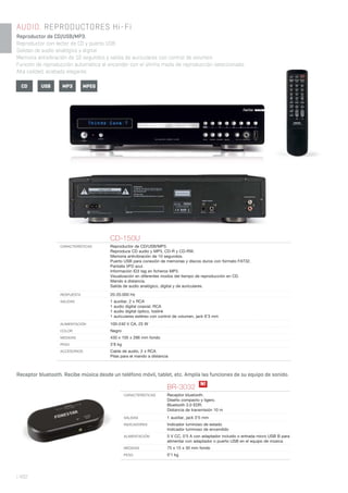 | 402
AUDIO. REPRODUCTORES Hi-Fi
Reproductor de CD/USB/MP3.
Reproductor con lector de CD y puerto USB.
Salidas de audio analógico y digital.
Memoria antivibración de 10 segundos y salida de auriculares con control de volumen.
Función de reproducción automática al encender con el último modo de reproducción seleccionado.
Alta calidad, acabado elegante.
CD-150U
CARACTERÍSTICAS Reproductor de CD/USB/MP3.
Reproduce CD audio y MP3, CD-R y CD-RW.
Memoria antivibración de 10 segundos.
Puerto USB para conexión de memorias y discos duros con formato FAT32.
Pantalla VFD azul.
Información ID3 tag en ﬁcheros MP3.
Visualización en diferentes modos del tiempo de reproducción en CD.
Mando a distancia.
Salida de audio analógico, digital y de auriculares.
RESPUESTA 20-20.000 Hz
SALIDAS 1 auxiliar, 2 x RCA
1 audio digital coaxial, RCA
1 audio digital óptico, toslink
1 auriculares estéreo con control de volumen, jack 6’3 mm
ALIMENTACIÓN 100-240 V CA, 25 W
COLOR Negro
MEDIDAS 430 x 105 x 286 mm fondo
PESO 3’8 kg
ACCESORIOS Cable de audio, 2 x RCA
Pilas para el mando a distancia
CD USB MPEGMP3
Receptor bluetooth. Recibe música desde un teléfono móvil, tablet, etc. Amplía las funciones de su equipo de sonido.
BR-3032
CARACTERÍSTICAS Receptor bluetooth.
Diseño compacto y ligero.
Bluetooth 3.0 EDR.
Distancia de transmisión 10 m
SALIDAS 1 auxiliar, jack 3’5 mm
INDICADORES Indicador luminoso de estado
Indicador luminoso de encendido
ALIMENTACIÓN 5 V CC, 0’5 A con adaptador incluido o entrada micro USB B para
alimentar con adaptador o puerto USB en el equipo de música
MEDIDAS 75 x 15 x 30 mm fondo
PESO 0’1 kg
N!
 