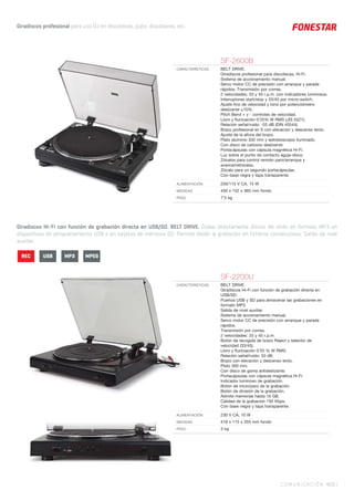 COMUNICACIÓN 403 |
SF-2600B
CARACTERÍSTICAS BELT DRIVE.
Giradiscos profesional para discotecas, Hi-Fi.
Sistema de accionamiento manual.
Servo motor CC de precisión con arranque y parada
rápidos. Transmisión por correa.
2 velocidades: 33 y 45 r.p.m. con indicadores luminosos.
Interruptores start/stop y 33/45 por micro-switch.
Ajuste ﬁno de velocidad y tono por potenciómetro
deslizante ±10%.
Pitch Bend + y - controles de velocidad.
Lloro y ﬂuctuación 0’25% W RMS (JIS 5521).
Relación señal/ruido: -55 dB (DIN 45544).
Brazo profesional en S con elevación y descenso lento.
Ajuste de la altura del brazo.
Plato aluminio 332 mm y estroboscopio iluminado.
Con disco de carbono deslizante.
Portacápsulas con cápsula magnética Hi-Fi.
Luz sobre el punto de contacto aguja-disco.
Zócalos para control remoto paro/arranque y
avance/retroceso.
Zócalo para un segundo portacápsulas.
Con base negra y tapa transparente.
ALIMENTACIÓN 230/115 V CA, 15 W
MEDIDAS 450 x 152 x 365 mm fondo
PESO 7’5 kg
SF-2200U
CARACTERÍSTICAS BELT DRIVE.
Giradiscos Hi-Fi con función de grabación directa en
USB/SD.
Puertos USB y SD para almacenar las grabaciones en
formato MP3.
Salida de nivel auxiliar.
Sistema de accionamiento manual.
Servo motor CC de precisión con arranque y parada
rápidos.
Transmisión por correa.
2 velocidades: 33 y 45 r.p.m.
Botón de recogida de brazo Reject y selector de
velocidad (33/45).
Lloro y ﬂuctuación 0’25 % W RMS.
Relación señal/ruido: 50 dB.
Brazo con elevación y descenso lento.
Plato 300 mm.
Con disco de goma antideslizante.
Portacápsulas con cápsula magnética Hi-Fi.
Indicador luminoso de grabación.
Botón de inicio/paro de la grabación.
Botón de división de la grabación.
Admite memorias hasta 16 GB.
Calidad de la grabación 192 Kbps.
Con base negra y tapa transparente.
ALIMENTACIÓN 230 V CA, 10 W
MEDIDAS 418 x 115 x 355 mm fondo
PESO 3 kg
Giradiscos Hi-Fi con función de grabación directa en USB/SD. BELT DRIVE. Graba directamente discos de vinilo en formato MP3 en
dispositivos de almacenamiento USB o en tarjetas de memoria SD. Permite dividir la grabación en ficheros consecutivos. Salida de nivel
auxiliar.
Giradiscos profesional para uso DJ en discotecas, pubs, discobares, etc.
REC USB MP3 MPEG
 