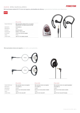 COMUNICACIÓN 417 |
Mini auriculares mono con soporte para radio y usos generales.
AUDIO. MINI AURICULARES
Mini auriculares estéreo Hi-Fi in ear con soporte y almohadillas de silicona, especialmente diseñados para deportistas.
1’5 m
1’5 m
FA-479
CARACTERÍSTICAS Mini auriculares estéreo Hi-Fi con soporte.
Ergonómicos, con goma silicona de oído.
RESPUESTA 20-20.000 Hz
IMPEDANCIA 16 Ω
POTENCIA 60 mW máximo
SENSIBILIDAD 98 dB a 1 kHz ±3 dB
ALTAVOCES 10 mm con imán de cobalto
CABLE 1’2 m
CONECTORES Jack 3’5 mm estéreo dorado
FA-225 FA-235 FA-240
CARACTERÍSTICAS Mini auricular mono con soporte. Mini auricular mono con soporte. Mini auricular mono con soporte ajustable.
RESPUESTA 40-18.000 Hz 40-18.000 Hz 20-20.000 Hz
IMPEDANCIA 4-32 Ω 4-32 Ω 4-32 Ω
ALTAVOCES 20 mm con imán samario cobalto 20 mm con imán samario cobalto 20 mm con imán samario cobalto
CABLE 1’5 m 1’5 m 1 m
CONECTORES Jack 2’5 mm mono 90° Jack 3’5 mm mono 90° Jack 3’5 mm mono 90° dorado
SPORT
 