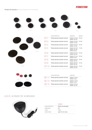 Parejas de esponjas para auriculares y mini auriculares.
COMUNICACIÓN 425 |
AUDIO. ALTAVOZ DE ALMOHADA
ST-10
ST-9
ST-8
ST-6ST-1
ST-5 ST-7
ST-4ST-3
CARACTERÍSTICAS DIÁMETRO GRUESO
ST-1 Pareja esponjas repuesto auricular. Exterior: 42 mm
Interior: 25 mm
12 mm
ST-3 Pareja esponjas repuesto auricular. Exterior: 40 mm
Interior: 15 mm
14 mm
ST-4 Pareja esponjas repuesto auricular. Exterior: 36 mm
Interior: 15 mm
12 mm
ST-5 Pareja esponjas repuesto auricular. Exterior: 42 mm
Interior: 22 mm
Oriﬁcio: 8 mm
11 mm
ST-6 Pareja esponjas repuesto auricular. Exterior: 52 mm
Interior: 25 mm
12 mm
ST-7 Pareja esponjas repuesto auricular. Exterior: 21 mm
Interior: 6 mm
10 mm
ST-8 Pareja esponjas repuesto auricular. Exterior: 65 mm
Interior: 40 mm
12 mm
ST-9 Pareja esponjas repuesto auricular. Exterior: 80 mm
Interior: 60 mm
14 mm
ST-10 Pareja esponjas repuesto auricular. Exterior: 90 mm
Interior: 45 mm
14 mm
SE-12
SE-15
SE-11
CARACTERÍSTICAS DIÁMETRO
SE-11 Pareja esponjas repuesto auricular. Exterior: 19 mm
Interior: 6 mm
SE-12 Pareja esponjas repuesto auricular. Exterior: 19 mm
Interior: 6 mm
SE-15 Pareja esponjas repuesto auricular. Exterior: 49 mm
Interior: 22 mm
3360
CARACTERÍSTICAS Altavoz de almohada.
IMPEDANCIA 8 Ω
CABLE 1’8 m
CONECTORES Jack 3’5 mm mono
 