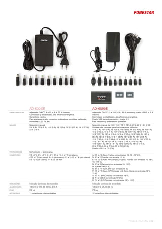 COMUNICACIÓN 439 |
AD-6020E AD-6590E
CARACTERÍSTICAS Adaptador CA/CC 9 a 22 V, 6 A, 77 W máximo.
Conmutado y estabilizado, alta eﬁciencia energética.
Conectores rectos.
Para aparatos de alto consumo, ordenadores portátiles, netbooks,
monitores LCD, TV, etc.
Adaptador CA/CC 15 a 24 V, 6 A, 90 W máximo y puerto USB 5 V, 2 A
máximo.
Conmutado y estabilizado, alta eﬁciencia energética.
Puerto USB para alimentación y carga 5 V.
Para netbooks y ordenadores portátiles.
SALIDAS Selección manual
9 V (6 A), 12 V (6 A), 15 V (5 A), 16 V (5 A), 18’5 V (3’5 A), 19 V (3’5 A),
22 V (3’5 A)
Selección manual de 15 V, 16 V, 18 V, 19’5 V, 20 V, 22 V y 24 V CC
Voltajes más comunes para los conectores incluidos:
15 V (3 A), 15 V (4 A), 15 V (5 A), 15 V (6 A), 16 V (3’36 A), 16 V (3’5 A),
16 V (3’75 A), 16 V (4 A), 16 V (4’5 A), 18 V (4’74 A), 18’5 V (1’1 A),
18’5 V (2’7 A), 18’5 V (3’5 A), 18’5 V (3’52 A), 18’5 V (3’8 A), 18’5 V
(4’5 A), 18’5 V (4’9 A), 19 V (1’58 A), 19 V (2’64 A), 19 V (3’16 A),
19 V (3’42 A), 19 V (3’68 A), 19 V (3’95 A), 19 V (4’2 A), 19 V (4’22 A),
19 V ( 4’47 A), 19 V ( 4’74 A), 19’5 V (2’15 A), 19’5 V ( 3 A),
19’5 V (3’34 A), 19’5 V ( 4’1 A), 19’5 V (4’62 A), 19’5 V (4’7 A),
20 V (3’25 A), 20 V (3’5 A), 20 V CC (4’5 A)
Puerto USB: 5 V CC (2 A)
PROTECCIONES Cortocircuito y sobrecarga -
CONECTORES 5’5 x 2’5, 5’5 x 2’1, 5 x 2’1, 3’5 x 1’4, 4 x 1’7 (pin plano),
4’75 x 1’7 (pin plano), 5 x 1 (pin interno), 6’3 x 3, 6’5 x 1’4 (pin interno),
5’5 x 2’1 (pin plano), 7’4 x 5 x 0’6 mm
A: 6’5 x 4’4 (Sony, Fujitsu con entradas 16, 19 y 19’5 V);
D: 6’3 x 3 (Toshiba con entrada 15 V);
F: 5’5 x 2’5 (Acer, HP/Compaq, Fujitsu, Toshiba con entradas 16, 18’5,
19, 19’5 V);
G: 5’5 x 3 (Samsung con entradas 16, 19 V);
H: 3 pines Dell 20 V;
N: 5’5 x 1’7 (Acer, Dell con entrada 19 V);
P: 4’8 x 1’7 (Asus, HP/Compaq, LG, Sony, Benq con entradas 18’5,
19 V);
S: 4 x 1’7 (HP/Compaq con entrada 19 V);
Q: 7’4 x 5 (Dell con entrada 19’5 V);
R: 7’4 x 5 (HP/Compaq con entradas 18’5, 19 V)
INDICADORES Indicador luminoso de encendido Indicador luminoso de encendido
ALIMENTACIÓN 100-240 V CA, 50-60 Hz, 0’35 A 100-240 V CA, 50-60 Hz
PESO 0’4 kg 0’3 kg
ACCESORIOS 11 conectores intercambiables 10 conectores intercambiables
90 W USB
 