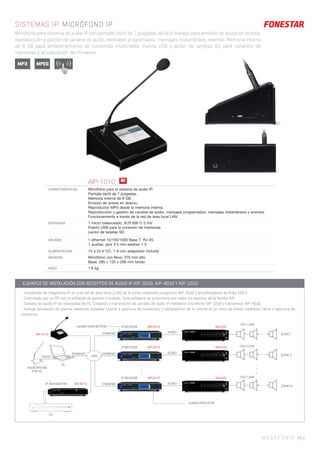 MEGAFONÍA 45 |
SISTEMAS IP. MICRÓFONO IP
Micrófono para sistema de audio IP con pantalla táctil de 7 pulgadas de fácil manejo para emisión de avisos en directo,
reproducción y gestión de canales de audio, mensajes programados, mensajes instantáneos, eventos. Memoria interna
de 8 GB para almacenamiento de contenido multimedia. Puerto USB y lector de tarjetas SD para conexión de
memorias y actualización del firmware
AIP-1010
CARACTERÍSTICAS Micrófono para el sistema de audio IP.
Pantalla táctil de 7 pulgadas.
Memoria interna de 8 GB.
Emisión de avisos en directo.
Reproductor MP3 desde la memoria interna.
Reproducción y gestión de canales de audio, mensajes programados, mensajes instantáneos y eventos.
Funcionamiento a través de la red de área local LAN.
ENTRADAS 1 micro balanceado, XLR 600 Ω 5 mV
Puerto USB para la conexión de memorias
Lector de tarjetas SD
SALIDAS 1 ethernet 10/100/1000 Base T, RJ-45
1 auxiliar, jack 3’5 mm estéreo 1 V
ALIMENTACIÓN 15 a 24 V CC, 1 A con adaptador incluido
MEDIDAS Micrófono con ﬂexo: 370 mm alto
Base: 285 x 120 x 200 mm fondo
PESO 1’6 kg
MICROPHONE
FOR PC
PC
CD
LAN
IP RECEIVER
AIP-3010IP RECEIVER
AIP-3010 MA-245
MA-245
MA-245
IP RECEIVER
AIP-4010IP TRANSMITTER
ZONE 1
ZONE 2
ZONE N
ALARM INDICATOR
ALARM PUSH BUTTON
.
.
.
.
.
.
ETHERNET
ETHERNETETHERNET
ETHERNET
AUDIO
AUDIO
AUDIO
100 V LINE
100 V LINE
100 V LINE
AUDIO
AIP-3010
AIP-1010
EJEMPLO DE INSTALACIÓN CON RECEPTOR DE AUDIO IP AIP-3010, AIP-4010 Y AIP-1010
- Instalación de megafonía IP en una red de área local (LAN) de N zonas mediante receptores AIP-3010 y amplificadores de línea 100 V.
- Controlada por un PC con el software de gestión instalado. Este software se suministra con todos los equipos de la familia AIP.
- Canales de audio IP sin necesidad de PC. Creación y transmisión de canales de audio IP mediante micrófono AIP-1010 y transmisor AIP-4010.
- Incluye activación de alarma mediante pulsador (cierre o apertura de contactos) y señalización de la misma en el resto de zonas mediante cierre o apertura de
contactos.
N!
((( (((MP3 MPEG
 