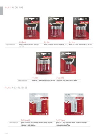 | 442
PILAS. ALCALINAS
PILAS. RECARGABLES
F-900AAA F-2200AA
CARACTERÍSTICAS Blister con 2 pilas recargables Ni-MH AAA-R03 de 900 mAh.
Mantenimiento de carga.
Cargadas y listas para usar.
Blister con 2 pilas recargables Ni-MH AA-R6 de 2.200 mAh.
Mantenimiento de carga.
Cargadas y listas para usar.
F-LR03 F-LR6 F-LR14
CARACTERÍSTICAS Blister con 4 pilas alcalinas LR03-AAA
de 1’5 V.
Blister con 4 pilas alcalinas LR6-AA de 1’5 V. Blister con 2 pilas alcalinas LR14-C de 1’5 V.
F-LR20 F-6LR61
CARACTERÍSTICAS Blister con 2 pilas alcalinas LR20-D de 1’5 V. Blister con 1 pila alcalina 6LR61 de 9 V.
 