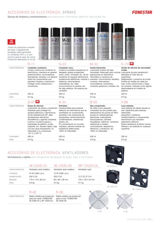COMUNICACIÓN 445 |
ACCESORIOS DE ELECTRÓNICA. SPRAYS
Sprays de limpieza y mantenimiento para electrónica, informática, telefonía, electricidad, etc.
ACCESORIOS DE ELECTRÓNICA. VENTILADORES
Ventiladores y rejillas para refrigeración de equipos de audio, vídeo e informática.
S-97 A-44 B-55 V-66
CARACTERÍSTICAS Grasa de silicona.
Lubricación de piezas y protección.
Diseñado para proteger los
equipos eléctricos y electrónicos
de las interferencias RF, altas
temperaturas, elementos
atmosféricos y agentes oxidantes.
Lubrica y conserva piezas y
engranajes de plástico, juntas,
soportes, etc. Secado rápido, deja
una ﬁna capa transparente, no
inﬂamable y no conductora.
-50 °C a 220 °C.
Enfriador.
Imprescindible para localizar
defectos de intermitencia que se
maniﬁestan en componentes
sensibles a las variaciones de
temperatura: semiconductores,
condensadores, resistencias,
diodos, etc.
Por pulverización en circuitos
impresos, permite localizar las
soldaduras defectuosas.
100% no inﬂamable.
Gas comprimido.
Se utiliza como pequeño
compresor de aire portátil para
desempolvar los puntos de difícil
acceso en radioreceptores,
televisores, ordenadores,
fotocopiadoras, cámaras
fotográﬁcas, teléfonos, contactos
deslizantes y lineales,
conmutadores, dispositivos
eléctricos y mecánicos, etc.
100% no inﬂamable.
Laca aislante.
Laca aislante de rápido secado al
aire. Especíﬁca para bobinas,
selenoides,
pequeños o medianos
transformadores y componentes
electrónicos que necesitan
aislamiento eléctrico.
Buena resistencia al efecto corona.
Adhiere y se extiende en cualquier
superﬁcie.
CONTENIDO 200 ml 400 ml 400 ml 200 ml
PESO 0’3 kg 0’6 kg 0’6 kg 0’2 kg
R-11 G-22 M-33 C-70
CARACTERÍSTICAS Limpiador contactos.
Limpia y lubrica los contactos en
electrónica y mécánica en general:
potenciómetros, conmutadores,
desviadores, teclados y en general
todos los componentes que
requieran limpieza y lubricación.
Protege contra oxidaciones y
corrosiones.
Limpiador seco.
Limpia la suciedad causada por el
desgaste: grasas envejecidas,
polvo, óxido, humedad, etc. de los
contactos en equipos electrónicos,
instalaciones telefónicas, mandos a
distancia, sintonizadores,
ordenadores, fax, relés,
microcontactos en general, etc.
No deja residuos. Se evapora por
completo.
Aceite lubricante.
Lubricante incoloro de baja
viscosidad. Adecuado para muchas
aplicaciones en electrónica,
informática y mecánica de
precisión: micromotores, teclados,
cursores, interruptores,
conmutadores, conectores,
contactos giratorios y lineales, etc.
Aceite de silicona de viscosidad
media.
Lubricante de gran penetración.
Aplicable en todo tipo de
superﬁcies.
Regenerador y protector de juntas.
Facilita las tiradas de cable por
tubo. Evita cortocircuitos y fugas
de corriente. Indicado como agente
desmoldeante en moldes de
plástico.
CONTENIDO 200 ml 200 ml 200 ml 200 ml
PESO 0’2 kg 0’2 kg 0’2 kg 0’3 kg
Todos los productos cumplen
las leyes y regulaciones
europeas sobre aerosoles,
no contienen CFC y no son
nocivos para la capa de ozono.
Productos fabricados en la UE.
4E-230S-25 3E-230S-28 SP-1202512L
CARACTERÍSTICAS Ventilador axial metálico. Ventilador axial metálico. Ventilador axial.
POTENCIA 22 W 3.000 r.p.m. 12 W 2.800 r.p.m. -
ALIMENTACIÓN 230 V CA 230 V CA 12 V CC 0’14 A
MEDIDAS 119 x 119 x 38 mm 80 x 80 x 38 mm 120 x 120 x 25 mm
PESO 0’6 kg 0’4 kg 0’1 kg
R-4E R-3E
CARACTERÍSTICAS Rejilla metálica de protección
para los mods. FONESTAR
4E-230S-25 y SP-1202512L.
Rejilla metálica de protección
para el mod. FONESTAR
3E-230S-28.
4E-230S-25
3E-230S-28
R-4E R-3E
SP-1202512L
NO
CFC
N!
N!
 