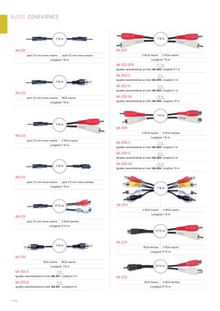 AUDIO. CONEXIONES
| 448
AA-101
Jack 3’5 mm mono macho Jack 3’5 mm mono macho
Longitud 1’8 m
1’8 m
AA-110
Jack 3’5 mm mono macho RCA macho
Longitud 1’8 m
1’8 m
AA-111
Jack 3’5 mm mono macho 2 RCA macho
Longitud 1’8 m
1’8 m
AA-115
Jack 3’5 mm mono macho Jack 3’5 mm mono hembra
Longitud 1’8 m
1’8 m
AA-125
Jack 3’5 mm mono macho 2 RCA hembra
Longitud 0’15 m
0’15 m
AA-201
RCA macho RCA macho
Longitud 1’8 m
AA-201-3 3 m
Iguales características al mod. AA-201. Longitud 3 m
AA-201-6 6 m
Iguales características al mod. AA-201. Longitud 6 m
1’8 m
AA-203
2 RCA macho 2 RCA macho
Longitud 1’8 m
AA-203-070 0’7 m
Iguales características al mod. AA-203. Longitud 0’7 m
AA-203-3 3 m
Iguales características al mod. AA-203. Longitud 3 m
AA-203-5 5 m
Iguales características al mod. AA-203. Longitud 5 m
AA-203-10 10 m
Iguales características al mod. AA-203. Longitud 10 m
1’8 m
AA-204
2 RCA macho 2 RCA hembra
Longitud 1’8 m
AA-204-3 3 m
Iguales características al mod. AA-204. Longitud 3 m
AA-204-5 5 m
Iguales características al mod. AA-204. Longitud 5 m
AA-204-10 10 m
Iguales características al mod. AA-204. Longitud 10 m
1’8 m
AA-205
4 RCA macho 4 RCA macho
Longitud 1’8 m
1’8 m
AA-225
RCA macho 2 RCA hembra
Longitud 0’15 m
0’15 m
AA-223
RCA hembra 2 RCA macho
Longitud 0’15 m
0’15 m
 