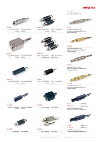 CO NEXIONES, ADAPTADORES, CONECTORES Y ROLLOS DE CABLE 453 |
AUDIO.
CONECTORES
AA-417
Jack 6’3 mm mono
hembra
Jack 3’5 mm mono
macho
AA-430
2 jack 6’3 mm estéreo
hembra
Jack 6’3 mm estéreo
macho
AA-453
Jack 6’3 mm estéreo
hembra
Jack 3’5 mm estéreo
macho
AA-460
RCA hembra RCA hembra
AA-456
Jack 3’5 mm estéreo
hembra
Jack 6’3 mm estéreo
macho
AA-460-3
3 RCA vídeo hembra +
audio estéreo
3 RCA vídeo hembra +
audio estéreo
AA-461
Jack 3’5 mm estéreo
hembra
Jack 2’5 mm estéreo
macho
AA-462
2 RCA hembra RCA hembra
AA-463
2 RCA hembra RCA macho
AA-460-2
2 RCA audio estéreo
hembra
2 RCA audio estéreo
hembra
S-101
Jack 6’3 mm estéreo macho
Oriﬁcio de salida para cable 6 mm Ø
Plateado metálico
S-101G
Jack 6’3 mm estéreo macho
Oriﬁcio de salida para cable 6 mm Ø
Dorado metálico
S-102
Jack 6’3 mm mono macho
Oriﬁcio de salida para cable 6 mm Ø
Plateado metálico
S-102G
Jack 6’3 mm mono macho
Oriﬁcio de salida para cable 6 mm Ø
Dorado metálico
S-103
S-103-10
Blister 1 u.
Blister 10 u.
Jack 6’3 mm estéreo macho
Oriﬁcio de salida para cable 6 mm Ø
S-104
S-104-10
Blister 1 u.
Blister 10 u.
Jack 6’3 mm mono macho
Oriﬁcio de salida para cable 6 mm Ø
 