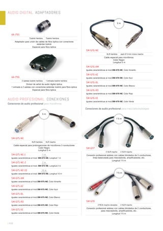 AUDIO DIGITAL. ADAPTADORES
| 458
Conexiones de audio profesional para mezcladores/etapas.
AUDIO PROFESIONAL. CONEXIONES
Conexiones de audio profesional para micrófonos.
SM-675-NE
XLR hembra XLR macho
Cable especial para prolongaciones de micrófonos 3 conductores
Color Negro
Longitud 5 m
SM-675-NE-1 1 m
Iguales características al mod. SM-675-NE. Longitud 1 m
SM-675-NE-2 2 m
Iguales características al mod. SM-675-NE. Longitud 2 m
SM-675-NE-10 10 m
Iguales características al mod. SM-675-NE. Longitud 10 m
SM-675-AM
Iguales características al mod.SM-675-NE. Color Amarillo
SM-675-AZ
Iguales características al mod.SM-675-NE. Color Azul
SM-675-BL
Iguales características al mod.SM-675-NE. Color Blanco
SM-675-RO
Iguales características al mod.SM-675-NE. Color Rojo
SM-675-VE
Iguales características al mod.SM-675-NE. Color Verde
5 m
SM-676-NE
XLR hembra Jack 6’3 mm mono macho
Cable especial para micrófonos
Color Negro
Longitud 5 m
SM-676-AM
Iguales características al mod.SM-676-NE. Color Amarillo
SM-676-AZ
Iguales características al mod.SM-676-NE. Color Azul
SM-676-BL
Iguales características al mod.SM-676-NE. Color Blanco
SM-676-RO
Iguales características al mod.SM-676-NE. Color Rojo
SM-676-VE
Iguales características al mod.SM-676-NE. Color Verde
5 m
1’5 m
SM-678
2 RCA macho dorados 2 XLR macho
Conexión profesional estéreo con cables blindados de 2 conductores,
para mezcladores, amplificadores, etc.
Longitud 1’5 m
1’5 m
SM-677
2 XLR macho 2 XLR macho
Conexión profesional estéreo con cables blindados de 3 conductores,
línea balanceada para mezcladores, amplificadores, etc.
Longitud 1’5 m
AA-795
Toslink hembra Toslink hembra
Adaptador para unión de cables de fibra óptica con conectores
estándar toslink
Especial para fibra óptica
AA-796
2 salidas toslink hembra 1 entrada toslink hembra
Divisor de señal de audio digital óptica
1 entrada a 2 salidas con conectores estándar toslink para fibra óptica
Especial para fibra óptica
 