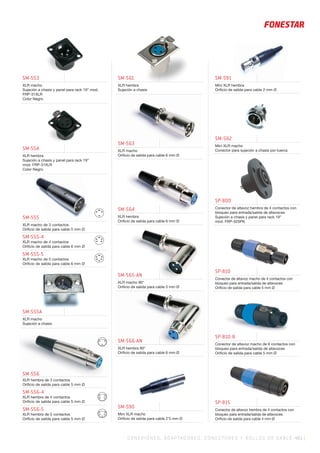 CO NEXIONES, ADAPTADORES, CONECTORES Y ROLLOS DE CABLE 461 |
SM-554
XLR hembra
Sujeción a chasis y panel para rack 19”
mod. FRP-31XLR
Color Negro
SM-555
XLR macho de 3 contactos
Oriﬁcio de salida para cable 5 mm Ø
SM-555-4
XLR macho de 4 contactos
Oriﬁcio de salida para cable 6 mm Ø
SM-555-5
XLR macho de 5 contactos
Oriﬁcio de salida para cable 6 mm Ø
SM-555A
XLR macho
Sujeción a chasis
SM-566-AN
XLR hembra 90°
Oriﬁcio de salida para cable 6 mm Ø
SM-592
Mini XLR macho
Conector para sujeción a chasis por tuerca
SM-553
XLR macho
Sujeción a chasis y panel para rack 19” mod.
FRP-31XLR
Color Negro
SM-556
XLR hembra de 3 contactos
Oriﬁcio de salida para cable 5 mm Ø
SM-556-4
XLR hembra de 4 contactos
Oriﬁcio de salida para cable 5 mm Ø
SM-556-5
XLR hembra de 5 contactos
Oriﬁcio de salida para cable 5 mm Ø
SM-561
XLR hembra
Sujeción a chasis
SM-564
XLR hembra
Oriﬁcio de salida para cable 6 mm Ø
SM-590
Mini XLR macho
Oriﬁcio de salida para cable 2’5 mm Ø
SM-591
Mini XLR hembra
Oriﬁcio de salida para cable 2 mm Ø
SP-800
Conector de altavoz hembra de 4 contactos con
bloqueo para entrada/salida de altavoces
Sujeción a chasis y panel para rack 19”
mod. FRP-32SPK
SP-810-8
Conector de altavoz macho de 8 contactos con
bloqueo para entrada/salida de altavoces
Oriﬁcio de salida para cable 5 mm Ø
SP-810
Conector de altavoz macho de 4 contactos con
bloqueo para entrada/salida de altavoces
Oriﬁcio de salida para cable 5 mm Ø
SM-563
XLR macho
Oriﬁcio de salida para cable 6 mm Ø
SM-565-AN
XLR macho 90°
Oriﬁcio de salida para cable 5 mm Ø
SP-815
Conector de altavoz hembra de 4 contactos con
bloqueo para entrada/salida de altavoces
Oriﬁcio de salida para cable 4 mm Ø
 