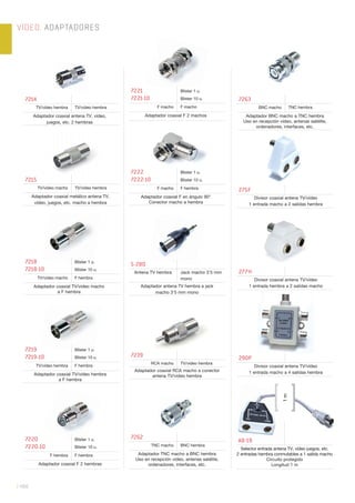 VÍDEO. ADAPTADORES
| 468
7214
TV/vídeo hembra TV/vídeo hembra
Adaptador coaxial antena TV, vídeo,
juegos, etc. 2 hembras
7219
7219-10
Blister 1 u.
Blister 10 u.
TV/vídeo hembra F hembra
Adaptador coaxial TV/vídeo hembra
a F hembra
7215
TV/vídeo macho TV/vídeo hembra
Adaptador coaxial metálico antena TV,
vídeo, juegos, etc. macho a hembra
7220
7220-10
Blister 1 u.
Blister 10 u.
F hembra F hembra
Adaptador coaxial F 2 hembras
7218
7218-10
Blister 1 u.
Blister 10 u.
TV/vídeo macho F hembra
Adaptador coaxial TV/vídeo macho
a F hembra
277H
Divisor coaxial antena TV/vídeo
1 entrada hembra a 2 salidas macho
7221
7221-10
Blister 1 u.
Blister 10 u.
F macho F macho
Adaptador coaxial F 2 machos
7222
7222-10
Blister 1 u.
Blister 10 u.
F macho F hembra
Adaptador coaxial F en ángulo 90°
Conector macho a hembra
S-280
Antena TV hembra Jack macho 3’5 mm
mono
Adaptador antena TV hembra a jack
macho 3’5 mm mono
7239
RCA macho TV/vídeo hembra
Adaptador coaxial RCA macho a conector
antena TV/vídeo hembra
7262
TNC macho BNC hembra
Adaptador TNC macho a BNC hembra
Uso en recepción vídeo, antenas satélite,
ordenadores, interfaces, etc.
7263
BNC macho TNC hembra
Adaptador BNC macho a TNC hembra
Uso en recepción vídeo, antenas satélite,
ordenadores, interfaces, etc.
275F
Divisor coaxial antena TV/vídeo
1 entrada macho a 2 salidas hembra
290P
Divisor coaxial antena TV/vídeo
1 entrada macho a 4 salidas hembra
AB-19
Selector entrada antena TV, vídeo juegos, etc.
2 entradas hembra conmutables a 1 salida macho
Circuito protegido
Longitud 1 m
[ ]
1m
 