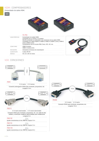 HDMI. COMPROBADORES
Comprobador de cables HDMI.
| 474
VGA. CONEXIONES
7819
D 15 macho D 15 hembra
Conexión prolongación SVGA para monitores, proyectores, etc.
Longitud 1’8 m
7817-5
D 15 macho desmontable D 15 macho desmontable
Conexión SVGA para monitores, proyectores, etc. con cable de alta
calidad y conectores metálicos desmontables para instalaciones
Longitud 5 m
7817-10 10 m
Iguales características al mod. 7817-5. Longitud 10 m
7817-15 15 m
Iguales características al mod. 7817-5. Longitud 15 m
7817-20 20 m
Iguales características al mod. 7817-5. Longitud 20 m
5 m
7818B
D 15 macho D 15 macho
Conexión SVGA para monitores, proyectores, etc.
Longitud 1’8 m
1’8 m
TH-791
CARACTERÍSTICAS Comprobador de cables HDMI.
Compuesto por un emisor y un receptor.
Permite comprobar la continuidad y los conectores de los cables HDMI.
Compatible con cables HDMI-A a HDMI-A, HDMI-A a HDMI-C (mini) y HDMI-C
(mini) a HDMI-C (mini).
Comprobación de los circuitos RGB, Clock, CEC, I2C, etc.
CONECTORES HDMI-A hembra
HDMI-C hembra (mini)
INDICADORES Indicadores luminosos de comprobación
ALIMENTACIÓN 2 pilas LR6-AA
MEDIDAS 59 x 24 x 90 mm fondo
HDMI
[ ]
1’8m
 
