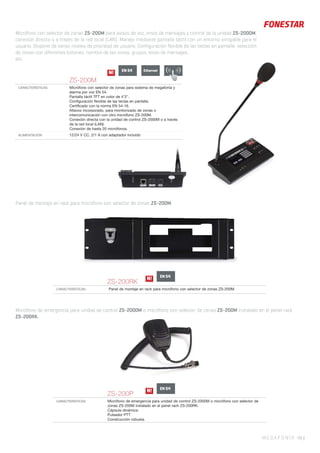 Micrófono con selector de zonas ZS-200M para avisos de voz, envío de mensajes y control de la unidad ZS-2000M,
conexión directa o a través de la red local (LAN). Manejo mediante pantalla táctil con un entorno amigable para el
usuario. Dispone de varios niveles de prioridad de usuario. Configuración flexible de las teclas en pantalla: selección
de zonas con diferentes botones, nombre de las zonas, grupos, envío de mensajes,
etc.
MEGAFONÍA 49 |
ZS-200RK
CARACTERÍSTICAS Panel de montaje en rack para micrófono con selector de zonas ZS-200M.
EN 54
N!
Panel de montaje en rack para micrófono con selector de zonas ZS-200M.
ZS-200P
CARACTERÍSTICAS Micrófono de emergencia para unidad de control ZS-2000M o micrófono con selector de
zonas ZS-200M instalado en el panel rack ZS-200RK.
Cápsula dinámica.
Pulsador PTT
Construcción robusta.
Micrófono de emergencia para unidad de control ZS-2000M o micrófono con selector de zonas ZS-200M instalado en el panel rack
ZS-200RK.
N!
ZS-200M
CARACTERÍSTICAS Micrófono con selector de zonas para sistema de megafonía y
alarma por voz EN 54.
Pantalla táctil TFT en color de 4’3”.
Conﬁguración ﬂexible de las teclas en pantalla.
Certiﬁcado con la norma EN 54-16.
Altavoz incorporado, para monitorizado de zonas o
intercomunicación con otro micrófono ZS-200M.
Conexión directa con la unidad de control ZS-2000M o a través
de la red local (LAN).
Conexión de hasta 20 micrófonos.
ALIMENTACIÓN 12/24 V CC, 2/1 A con adaptador incluido
EN 54
N!
EN 54 ((( (((Ethernet
 