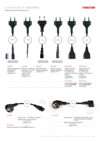 C ONEXIONES, ADAPTADORES, CONECTORES Y ROLLOS DE CABLE 485 |
ALIMENTACIÓN CA. CONEXIONES
Cables de red para alimentación CA.
SR-407 SR-408 SR-448 SR-448A SR-410-NE SR-413-NE
Cable extensible de red
para aparatos
domésticos
Longitud 1’5 m
Cable de red para usos
generales 2 x 0’5 mm2
con clavija de red
macho y el otro
extremo libre
Longitud 1’5 m
Cable de red para
aparatos domésticos
Longitud 1’8 m
Cable de red para
aparatos domésticos
Longitud 1’8 m
Cable de red para
prolongaciones
2 x 0’5 mm2
con
clavijas de red macho y
hembra
Color Negro
Longitud 2’5 m
SR-410-BL
Iguales características
al mod. SR-410-NE
Color Blanco
Cable de red para
prolongaciones
2 x 0’5 mm2
con
clavijas de red macho y
hembra
Color Negro
Longitud 5 m
SR-413-BL
Iguales características
al mod. SR-413-NE
Color Blanco
1’5 m 1’8 m 1’8 m 2’5 m 5 m1’5 m
SR-420
Schuko macho IEC 60320 C13 hembra
Cable de red con toma de tierra
3 x 0’75 mm2
Longitud 1’8 m
SR-420-3 3 m
Iguales características al mod. SR-420. Longitud 3 m
1’8 m
SR-423
Schuko macho IEC 60320 C15 hembra 90° conector
para alta temperatura, compatible
con C13
Cable de red con toma de tierra
3 x 0’75 mm2
Longitud 1’8 m
1’8 m
 