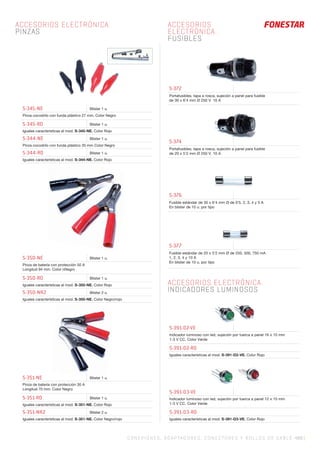 C ONEXIONES, ADAPTADORES, CONECTORES Y ROLLOS DE CABLE 489 |
ACCESORIOS ELECTRÓNICA.
PINZAS
ACCESORIOS
ELECTRÓNICA.
FUSIBLES
ACCESORIOS ELECTRÓNICA.
INDICADORES LUMINOSOS
S-351-NE Blister 1 u.
Pinza de batería con protección 30 A
Longitud 70 mm. Color Negro
S-351-RO Blister 1 u.
Iguales características al mod. S-351-NE. Color Rojo
S-351-NR2 Blister 2 u.
Iguales características al mod. S-351-NE. Color Negro/rojo
S-345-NE Blister 1 u.
Pinza cocodrilo con funda plástico 27 mm. Color Negro
S-345-RO Blister 1 u.
Iguales características al mod. S-345-NE. Color Rojo
S-344-NE Blister 1 u.
Pinza cocodrilo con funda plástico 35 mm Color Negro
S-344-RO Blister 1 u.
Iguales características al mod. S-344-NE. Color Rojo
S-350-NE Blister 1 u.
Pinza de batería con protección 50 A
Longitud 94 mm. Color nNegro
S-350-RO Blister 1 u.
Iguales características al mod. S-350-NE. Color Rojo
S-350-NR2 Blister 2 u.
Iguales características al mod. S-350-NE. Color Negro/rojo
S-372
Portafusibles, tapa a rosca, sujeción a panel para fusible
de 30 x 6’4 mm Ø 250 V. 10 A
S-374
Portafusibles, tapa a rosca, sujeción a panel para fusible
de 20 x 5’2 mm Ø 250 V. 10 A
S-376
Fusible estándar de 30 x 6’4 mm Ø de 0’5, 2, 3, 4 y 5 A
En blister de 10 u. por tipo
S-377
Fusible estándar de 20 x 5’2 mm Ø de 250, 500, 750 mA
1, 2, 3, 4 y 10 A
En blister de 10 u. por tipo
S-391-D2-VE
Indicador luminoso con led, sujeción por tuerca a panel 16 x 10 mm
1-3 V CC. Color Verde
S-391-D2-RO
Iguales características al mod. S-391-D2-VE. Color Rojo
S-391-D3-VE
Indicador luminoso con led, sujeción por tuerca a panel 12 x 10 mm
1-3 V CC. Color Verde
S-391-D3-RO
Iguales características al mod. S-391-D3-VE. Color Rojo
 