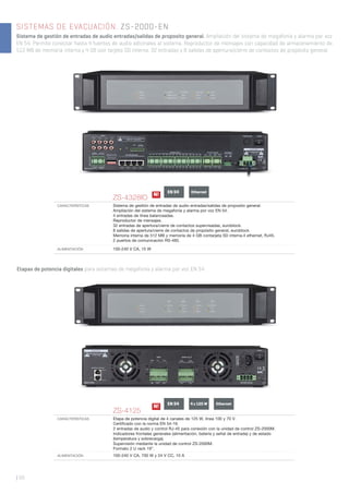 SISTEMAS DE EVACUACIÓN. ZS-2000-EN
Sistema de gestión de entradas de audio entradas/salidas de proposito general. Ampliación del sistema de megafonía y alarma por voz
EN 54. Permite conectar hasta 4 fuentes de audio adicinales al sistema. Reproductor de mensajes con capacidad de almacenamiento de
512 MB de memoria interna y 4 GB con tarjeta SD interna. 32 entradas y 8 salidas de apertura/cierre de contactos de propósito general.
| 50
N!
ZS-4328IO
CARACTERÍSTICAS Sistema de gestión de entradas de audio entradas/salidas de proposito general.
Ampliación del sistema de megafonía y alarma por voz EN 54.
4 entradas de línea balanceadas.
Reproductor de mensajes.
32 entradas de apertura/cierre de contactos supervisadas, euroblock.
8 salidas de apertura/cierre de contactos de propósito general, euroblock.
Memoria interna de 512 MB y memoria de 4 GB contarjeta SD interna.4 ethernet, RJ45.
2 puertos de comunicación RS-485.
ALIMENTACIÓN 100-240 V CA, 15 W
EN 54 Ethernet
N!
ZS-4125
CARACTERÍSTICAS Etapa de potencia digital de 4 canales de 125 W, línea 100 y 70 V.
Certiﬁcado con la norma EN 54-16.
2 entradas de audio y control RJ-45 para conexión con la unidad de control ZS-2000M.
Indicadores frontales generales (alimentación, batería y señal de entrada) y de estado
(temperatura y sobrecarga).
Supervisión mediante la unidad de control ZS-2000M.
Formato 2 U rack 19”.
ALIMENTACIÓN 100-240 V CA, 700 W y 24 V CC, 10 A
EN 54 4 x 125 W Ethernet
Etapas de potencia digitales para sistemas de megafonía y alarma por voz EN 54.
 