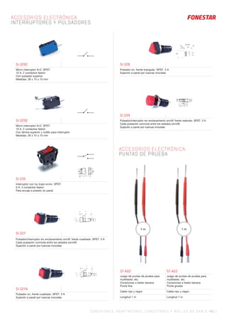 C ONEXIONES, ADAPTADORES, CONECTORES Y ROLLOS DE CABLE 491 |
ACCESORIOS ELECTRÓNICA.
INTERRUPTORES Y PULSADORES
SI-327
Pulsador/interruptor sin enclavamiento on/off, frente cuadrado. SPST. 3 A
Cada pulsación conmuta entre los estados (on/off)
Sujeción a panel por tuercas incluidas
SI-327A
Pulsador on, frente cuadrado. SPST. 3 A
Sujeción a panel por tuercas incluidas
SI-328
Pulsador on, frente triangular. SPST. 3 A
Sujeción a panel por tuercas incluidas
SI-329E
Micro interruptor N.O. SPST.
10 A. 2 contactos faston
Con lámina superior y rodillo para interruptor
Medidas: 28 x 15 x 10 mm
SI-339
Pulsador/interruptor sin enclavamiento on/off, frente redondo. SPST. 3 A
Cada pulsación conmuta entre los estados (on/off)
Sujeción a panel por tuercas incluidas
ACCESORIOS ELECTRÓNICA.
PUNTAS DE PRUEBA
SI-329C
Micro interruptor N.O. SPST.
10 A. 2 contactos faston
Con pulsador superior
Medidas: 28 x 15 x 10 mm
SI-335
Interruptor con luz (rojo) on/on. SPDT.
6 A. 3 contactos faston
Para encaje a presión en panel
ST-402 ST-403
Juego de puntas de prueba para
multitester, etc.
Conexiones a tester banana
Punta ﬁna
Juego de puntas de prueba para
multitester, etc.
Conexiones a tester banana
Punta gruesa
Cable rojo y negro Cable rojo y negro
Longitud 1 m Longitud 1 m
1 m1 m
 