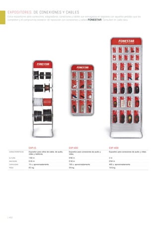 | 492
EXPOSITORES. DE CONEXIONES Y CABLES
Estos expositores para conexiones, adaptadores, conectores y cables son entregados en depósito con aquellos pedidos que los
completen y el compromiso posterior de reposición con conexiones y cables FONESTAR. Consulten en cada caso.
EXP-15 EXP-100 EXP-400
CARACTERÍSTICAS Expositor para rollos de cable, de audio,
vídeo y telefonía.
Expositor para conexiones de audio y
vídeo.
Expositor para conexiones de audio y vídeo.
ALTURA 1’60 m 0’90 m 2 m
ANCHURA 0’45 m 0’40 m 0’64 m
CAPACIDAD 15 u. aproximadamente 100 u. aproximadamente 400 u. aproximadamente
PESO 8’2 kg 3’8 kg 15’6 kg
 