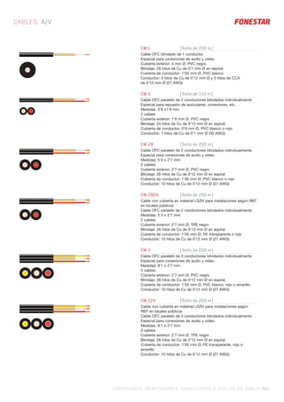 C ONEXIONES, ADAPTADORES, CONECTORES Y ROLLOS DE CABLE 493 |
CABLES. A/V....
......
......
......
..
......
.......
........
.......
.
.
......
.......
........
.......
.
.
.....
......
.......
......
.
.....
......
.......
......
.
.....
......
......
......
.
.....
......
......
......
.
.....
......
......
......
.
.....
......
.......
......
.
.....
......
.......
......
.
CW-1 [Rollo de 200 m]
Cable OFC blindado de 1 conductor
Especial para conexiones de audio y vídeo
Cubierta exterior: 4 mm Ø, PVC negro
Blindaje: 28 hilos de Cu de 0’1 mm Ø en espiral
Cubierta de conductor: 1’05 mm Ø, PVC blanco
Conductor: 5 hilos de Cu de 0’12 mm Ø y 5 hilos de CCA
de 0’12 mm Ø (27 AWG)
CW-2 [Rollo de 150 m]
Cable OFC paralelo de 2 conductores blindados individualmente
Especial para repuesto de auriculares, conexiones, etc.
Medidas: 3’8 x1’9 mm
2 cables:
Cubierta exterior: 1’9 mm Ø, PVC negro
Blindaje: 24 hilos de Cu de 0’12 mm Ø en espiral
Cubierta de conductor: 0’9 mm Ø, PVC blanco o rojo
Conductor: 7 hilos de Cu de 0’1 mm Ø (30 AWG)
CW-2B [Rollo de 200 m]
Cable OFC paralelo de 2 conductores blindados individualmente
Especial para conexiones de audio y vídeo
Medidas: 5’4 x 2’7 mm
2 cables:
Cubierta exterior: 2’7 mm Ø, PVC negro
Blindaje: 28 hilos de Cu de 0’12 mm Ø en espiral
Cubierta de conductor: 1’05 mm Ø, PVC blanco o rojo
Conductor: 10 hilos de Cu de 0’12 mm Ø (27 AWG)
CW-2BZH [Rollo de 200 m]
Cable con cubierta en material LSZH para instalaciones según RBT
en locales públicos
Cable OFC paralelo de 2 conductores blindados individualmente
Medidas: 5’4 x 2’7 mm
2 cables:
Cubierta exterior: 2’7 mm Ø, TPE negro
Blindaje: 28 hilos de Cu de 0’12 mm Ø en espiral
Cubierta de conductor: 1’05 mm Ø, PE transparente o rojo
Conductor: 10 hilos de Cu de 0’12 mm Ø (27 AWG)
CW-3 [Rollo de 200 m]
Cable OFC paralelo de 3 conductores blindados individualmente
Especial para conexiones de audio y vídeo
Medidas: 8’1 x 2’7 mm
3 cables:
Cubierta exterior: 2’7 mm Ø, PVC negro
Blindaje: 28 hilos de Cu de 0’12 mm Ø en espiral
Cubierta de conductor: 1’05 mm Ø, PVC blanco, rojo o amarillo
Conductor: 10 hilos de Cu de 0’12 mm Ø (27 AWG)
CW-3ZH [Rollo de 200 m]
Cable con cubierta en material LSZH para instalaciones según
RBT en locales públicos
Cable OFC paralelo de 3 conductores blindados individualmente
Especial para conexiones de audio y vídeo
Medidas: 8’1 x 2’7 mm
3 cables:
Cubierta exterior: 2’7 mm Ø, TPE negro
Blindaje: 28 hilos de Cu de 0’12 mm Ø en espiral
Cubierta de conductor: 1’05 mm Ø, PE transparente, rojo o
amarillo
Conductor: 10 hilos de Cu de 0’12 mm Ø (27 AWG)
.....
......
......
......
.
.....
......
......
......
.
.....
......
......
......
.
 