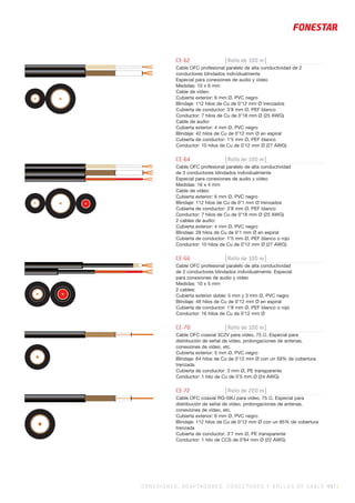 C ONEXIONES, ADAPTADORES, CONECTORES Y ROLLOS DE CABLE 497 |
CE-62 [Rollo de 100 m]
Cable OFC profesional paralelo de alta conductividad de 2
conductores blindados individualmente
Especial para conexiones de audio y vídeo
Medidas: 10 x 6 mm
Cable de vídeo:
Cubierta exterior: 6 mm Ø, PVC negro
Blindaje: 112 hilos de Cu de 0’12 mm Ø trenzados
Cubierta de conductor: 3’8 mm Ø, PEF blanco
Conductor: 7 hilos de Cu de 0’18 mm Ø (25 AWG)
Cable de audio:
Cubierta exterior: 4 mm Ø, PVC negro
Blindaje: 42 hilos de Cu de 0’12 mm Ø en espiral
Cubierta de conductor: 1’5 mm Ø, PEF blanco
Conductor: 10 hilos de Cu de 0’12 mm Ø (27 AWG)
CE-64 [Rollo de 100 m]
Cable OFC profesional paralelo de alta conductividad
de 3 conductores blindados individualmente
Especial para conexiones de audio y vídeo
Medidas: 16 x 4 mm
Cable de vídeo:
Cubierta exterior: 6 mm Ø, PVC negro
Blindaje: 112 hilos de Cu de 0’1 mm Ø trenzados
Cubierta de conductor: 3’8 mm Ø, PEF blanco
Conductor: 7 hilos de Cu de 0’18 mm Ø (25 AWG)
2 cables de audio:
Cubierta exterior: 4 mm Ø, PVC negro
Blindaje: 28 hilos de Cu de 0’1 mm Ø en espiral
Cubierta de conductor: 1’5 mm Ø, PEF blanco o rojo
Conductor: 10 hilos de Cu de 0’12 mm Ø (27 AWG)
CE-66 [Rollo de 100 m]
Cable OFC profesional paralelo de alta conductividad
de 2 conductores blindados individualmente. Especial
para conexiones de audio y vídeo
Medidas: 10 x 5 mm
2 cables:
Cubierta exterior doble: 5 mm y 3 mm Ø, PVC negro
Blindaje: 48 hilos de Cu de 0’12 mm Ø en espiral
Cubierta de conductor: 1’8 mm Ø, PEF blanco o rojo
Conductor: 16 hilos de Cu de 0’12 mm Ø
CE-70 [Rollo de 100 m]
Cable OFC coaxial 3C2V para vídeo, 75 Ω. Especial para
distribución de señal de vídeo, prolongaciones de antenas,
conexiones de vídeo, etc.
Cubierta exterior: 5 mm Ø, PVC negro
Blindaje: 64 hilos de Cu de 0’12 mm Ø con un 59% de cobertura
trenzada
Cubierta de conductor: 3 mm Ø, PE transparente
Conductor: 1 hilo de Cu de 0’5 mm Ø (24 AWG)
CE-72 [Rollo de 200 m]
Cable OFC coaxial RG-59U para vídeo, 75 Ω. Especial para
distribución de señal de vídeo, prolongaciones de antenas,
conexiones de vídeo, etc.
Cubierta exterior: 6 mm Ø, PVC negro
Blindaje: 112 hilos de Cu de 0’12 mm Ø con un 85% de cobertura
trenzada
Cubierta de conductor: 3’7 mm Ø, PE transparente
Conductor: 1 hilo de CCS de 0’64 mm Ø (22 AWG)
..
.......
......
......
...
.
..
....
...
....
..
.
..
....
...
....
..
.
..
......
......
......
....
..
......
......
......
....
 