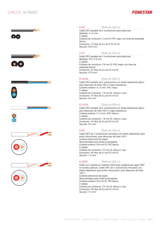 CI-10 [Rollo de 100 m]
Cable OFC paralelo de 2 conductores para altavoces
Medidas: 4 x 2 mm
2 cables:
Cubierta de conductor: 2 mm Ø, PVC negro con línea de polaridad
blanca
Conductor: 12 hilos de Cu de 0’16 mm Ø
Sección: 0’25 mm2
CI-12 [Rollo de 100 m]
Cable OFC paralelo de 2 conductores para altavoces
Medidas: 5’6 x 2’8 mm
2 cables:
Cubierta de conductor: 2’8 mm Ø, PVC negro con línea de
polaridad blanca
Conductor: 24 hilos de Cu de 0’2 mm Ø
Sección: 0’75 mm2
CI-14-NE [Rollo de 200 m]
Cable OFC paralelo de 2 conductores con doble aislamiento plano,
para altavoces de línea 100 V o baja impedancia
Cubierta exterior: 5 x 3 mm, PVC negro
2 cables:
Cubierta de conductor: 1’8 mm Ø, marrón o azul
Conductor: 15 hilos de Cu de 0’2 mm Ø
Sección: 0’5 mm2
CI-14-BL [Rollo de 200 m]
Cable OFC paralelo de 2 conductores con doble aislamiento plano,
para altavoces de línea 100 V o baja impedancia
Cubierta exterior: 5 x 3 mm, PVC blanco
2 cables:
Cubierta de conductor: 1’8 mm Ø, marrón o azul
Conductor: 15 hilos de Cu de 0’2 mm Ø
Sección: 0’5 mm2
CI-16 [Rollo de 100 m]
Cable OFC de 2 conductores trenzados con doble aislamiento para
evitar inducciones, para altavoces de línea 100 V
Cubierta estructural de papel
Recomendado para líneas prolongadas
Cubierta exterior: 6’8 mm Ø, PVC blanco
2 cables:
Cubierta de conductor: 2’5 mm Ø, blanco o rojo
Conductor: 48 hilos de Cu de 0’2 mm Ø
Sección: 1’5 mm2
CI-16ZH [Rollo de 100 m]
Cable con cubierta en material LSZH para instalaciones según RBT
en locales públicos. Cable OFC de 2 conductores trenzados con
doble aislamiento para evitar inducciones, para altavoces de línea
100 V
Cubierta estructural de papel
Recomendado para líneas prolongadas
Cubierta exterior: 6’8 mm Ø, TPE blanco
2 cables:
Cubierta de conductor: 2’5 mm Ø, blanco o rojo
Conductor: 48 hilos de Cu de 0’2 mm Ø
Sección: 1’5 mm2
CABLES. ALTAVOZ
C ONEXIONES, ADAPTADORES, CONECTORES Y ROLLOS DE CABLE 499 |
 