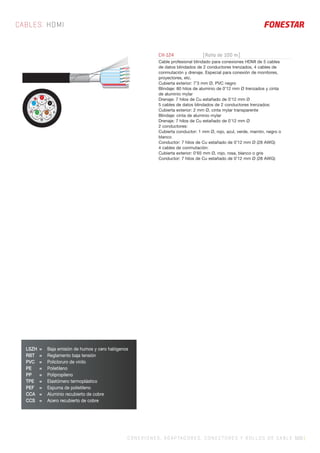 CH-124 [Rollo de 100 m]
Cable profesional blindado para conexiones HDMI de 5 cables
de datos blindados de 2 conductores trenzados, 4 cables de
conmutación y drenaje. Especial para conexión de monitores,
proyectores, etc.
Cubierta exterior: 7’3 mm Ø, PVC negro
Blindaje: 80 hilos de aluminio de 0’12 mm Ø trenzados y cinta
de aluminio mylar
Drenaje: 7 hilos de Cu estañado de 0’12 mm Ø
5 cables de datos blindados de 2 conductores trenzados:
Cubierta exterior: 2 mm Ø, cinta mylar transparente
Blindaje: cinta de aluminio mylar
Drenaje: 7 hilos de Cu estañado de 0’12 mm Ø
2 conductores:
Cubierta conductor: 1 mm Ø, rojo, azul, verde, marrón, negro o
blanco
Conductor: 7 hilos de Cu estañado de 0’12 mm Ø (28 AWG)
4 cables de conmutación:
Cubierta exterior: 0’65 mm Ø, rojo, rosa, blanco o gris
Conductor: 7 hilos de Cu estañado de 0’12 mm Ø (28 AWG)
CABLES. HDMI
C ONEXIONES, ADAPTADORES, CONECTORES Y ROLLOS DE CABLE 503 |
LSZH = Baja emisión de humos y cero halógenos
RBT = Reglamento baja tensión
PVC = Policloruro de vinilo
PE = Polietileno
PP = Polipropileno
TPE = Elastómero termoplástico
PEF = Espuma de polietileno
CCA = Aluminio recubierto de cobre
CCS = Acero recubierto de cobre
 