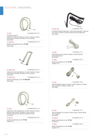 | 508
TF-902 4 contactos mini. 4 m
Conexiones telefonía.
Cable plano rizado extensible con conector modular en ambos
extremos para conexión de teléfono a micro auricular
Color Marﬁl
TF-902-NE 4 contactos mini. 4 m
Iguales características al mod. TF-902
Color Negro
TF-902A-MA 4 contactos mini. 2 m
Cable plano rizado extensible con conector modular en ambos
extremos para conexión de teléfono a micro auricular
Color Marﬁl
TF-902A-NE 4 contactos mini. 2 m
Iguales características al mod. TF-902A-MA
Color Negro
TF-906 4 contactos. 2’1 m
Cable plano liso con conector modular en ambos extremos
para prolongaciones
Color Marﬁl
TF-908 4 contactos. 4’5 m
Iguales características al mod. TF-906
Longitud 4’5 m
TF-914 4 contactos. 4’5 m
Cable prolongador dúplex. Convierte 1 salida modular en 2 salidas
para conexión de 2 teléfonos, telefax, etc.
Color Martil
TF-918 4 contactos. 2’1 m
Cable prolongador con conector modular macho y hembra aéreos
de 4 contactos
Color Marﬁl
TF-918-6 6 contactos. 2’1 m
Iguales características al mod. TF-918
6 contactos
TF-920 4 contactos. 4’5 m
Iguales características al mod. TF-918
Longitud 4’5 m
TF-903 4 contactos mini. 4 m
Cable plano rizado extensible con conector modular en ambos
extremos para conexión de teléfono a micro auricular
Conexión especial para repuesto de teléfonos Forma
Color Marﬁl
TF-903-2 4 contactos mini. 2 m
Iguales características al mod. TF-903
Longitud 2 m
TF-904-NE 4 contactos. 4’5 m
Conexiones telefonía.Cable plano, mitad rizado extensible y mitad liso,
con conector modular en ambos extremos para prolongaciones
Color Negro
TELEFONÍA. CONEXIONES
 