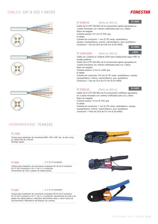 TELEFONÍA, VOZ Y DATOS 513 |
CABLES. CAT 6 VOZ Y DATOS
HERRAMIENTAS. TENAZAS
TF-5320-GS [Rollo de 100 m]
Cable Cat 6 UTP 250 MHz de 8 conductores rígidos agrupados en
4 pares trenzados con colores codiﬁcados para voz y datos
Nylon de rasgado
Cubierta exterior: 6’2 mm Ø, PVC gris
8 cables:
Cubierta de conductor: 1 mm Ø, PE verde, verde/blanco,
naranja, naranja/blanco, marrón, marrón/blanco, azul, azul/blanco
Conductor: 1 hilo de CCA de 0’56 mm Ø (23 AWG)
TF-5320-GSZH [Rollo de 100 m]
Cable con cubierta en material LSZH para instalaciones según RBT en
locales públicos
Cable Cat 6 UTP 250 MHz de 8 conductores rígidos agrupados en
4 pares trenzados con colores codiﬁcados para voz y datos
Nylon de rasgado
Cubierta exterior: 6 mm Ø, LSZH gris
8 cables:
Cubierta de conductor: 0’9 mm Ø, PE verde, verde/blanco, naranja,
naranja/blanco, marrón, marrón/blanco, azul, azul/blanco
Conductor: 1 hilo de CCA de 0’5 mm Ø (24 AWG)
TF-5330-GS [Rollo de 100 m]
Cable Cat 6 UTP 250 MHz de 8 conductores multiﬁlares agrupados
en 4 pares trenzados con colores codiﬁcados para voz y datos
Nylon de rasgado
Cubierta exterior: 6 mm Ø, PVC gris
8 cables:
Cubierta de conductor: 1 mm Ø, PE verde, verde/blanco, naranja,
naranja/blanco, marrón, marrón/blanco, azul, azul/blanco
Conductor: 7 hilos de CCA de 0’2 mm Ø (24 AWG)
TC-7301
Tenaza para instalación de conectores BNC, RCA, UHF, etc. de tipo crimp
en cables RG-58 y RG-59.
Montaje rápido.
TF-999 2, 4, 6 y 8 contactos
Tenaza para instalación de conectores modulares RJ-45 de 8 contactos,
RJ-12 de 6 contactos y RJ-11 de 2 y 4 contactos.
Herramienta de corte y pelado de cables planos.
TF-997 2, 4, 6 y 8 contactos
Tenaza para instalación de conectores modulares RJ-45 de 8 contactos,
RJ-12 de 6 contactos y RJ-11 de 2 y 4 contactos. Herramienta de corte y de
pelado de cables planos y redondos. Movimiento lineal y menor fuerza de
accionamiento. Mecanismo de bloqueo con carraca.
23 AWG
24 AWG
24 AWG
LSZH
 