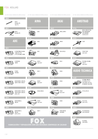 FOX. AGUJAS
| 516
Nº. FOX / AGUJA / MODELO DE CÁPSULA-AGUJA Nº. FOX / AGUJA / MODELO DE CÁPSULA-AGUJA Nº. FOX / AGUJA / MODELO DE CÁPSULA-AGUJA Nº. FOX / AGUJA / MODELO DE CÁPSULA-AGUJA
000
Acero
Estándar 78
Caja 10 u.
001
Zafiro
Estándar 78
ADC
451
K-3/5/6/7/8/8E, RK-6/6E,
K-6/6E, RK-7/7E,
K-7/7E, RK-8/8E, K-8/8E
452
Q-30/32/34/
36/36II
591
P-30/32
RP-30/32
592
QLM-30 MK-III, RSQ-30,
QLM-31 MK-III, RSQ-31
593
QLM-32 MK-III, RSQ-32,
QLM-33 MK-III, RSQ-33,
R-XT1, XT1
594
QLM-34 MK-III,
RSQ-34
595
QLM-36 MK-III,
RSQ-36,
R-XT II, XT-II
AIWA
708
AN-5
518
AN-6
712
AN-7
906
AN-10
Imán móvil
785
AN-11
807
AN-20
Imán móvil
618
AN-36, EM-36
768
AN-60
Imán móvil
666
AN-71
AKAI
662
APN-2, APN-5
663
APN-4
832
RS-33, RS-35
907
RS-41
784
RS-82
710
RS-83
768
RS-84
Imán móvil
708
RS-85
712
RS-90, MS-90,
RS-95/95E
AMSTRAD
916
MS-35, MS-45,TS-46,
MX-100/200/200T
CDX-400/400T
Cerámica Hi-Fi
033
TS-87
807
TS-90, TS-99
Imán móvil
833
CD-1000, CD-2000,
CN-213
Imán móvil
AUDIO TECHNICA
540
AT-VM8, VM8-7D,
AT-10/10L, AT-12,
ATS-10/10L, ATS-12C,
AT-MG35V, CN-2316R
661
AT-10, ATS-10
662
AT-11/11E,
ATS-11/11E
663
AT-12E/12S/12C,
ATS-12/12S/12C
665
AT-70/70L,
ATN-70/70L
 
